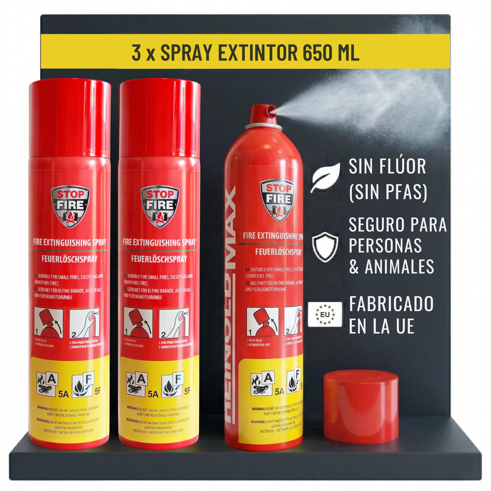 3X Mini Extintor Casa 650ml sin Flúor | Seguro para la Piel | Clases A, F, E hasta 1000V | Extintores, Fire Extinguisher Home, Extintor Coche, Barco, Apartamento
