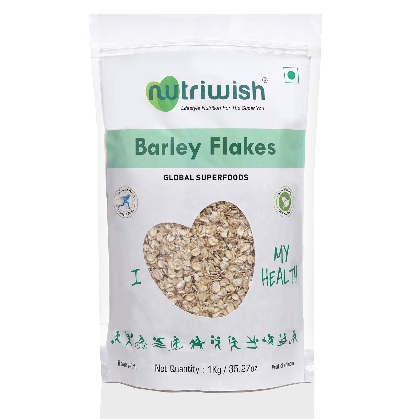 Nutriwish Barley Flakes, 1 Kg | Healthy Breakfast Cereal | Gluten-Free | Rich in Fibre Food