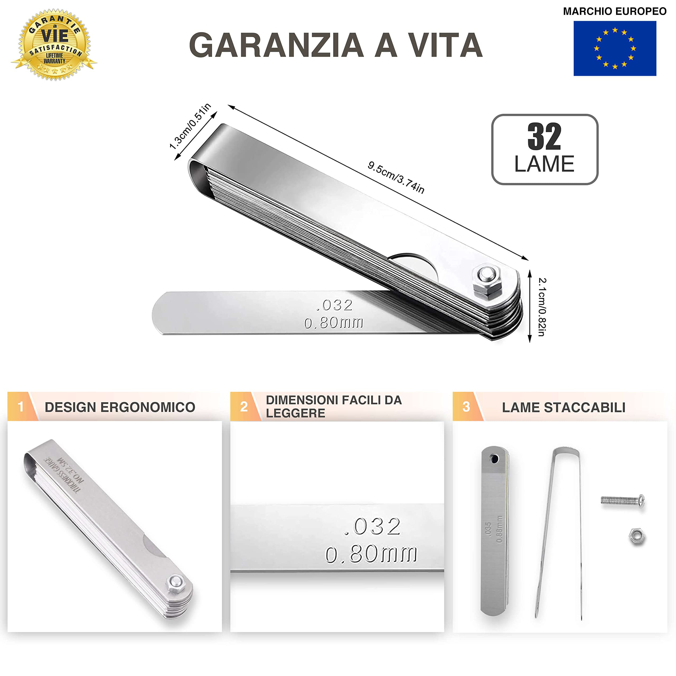 Spessimetro 32 Lame in Acciaio Inossidabile Misurazione 0,04-0,9 mm Pieghevole Doppia Misure Incise