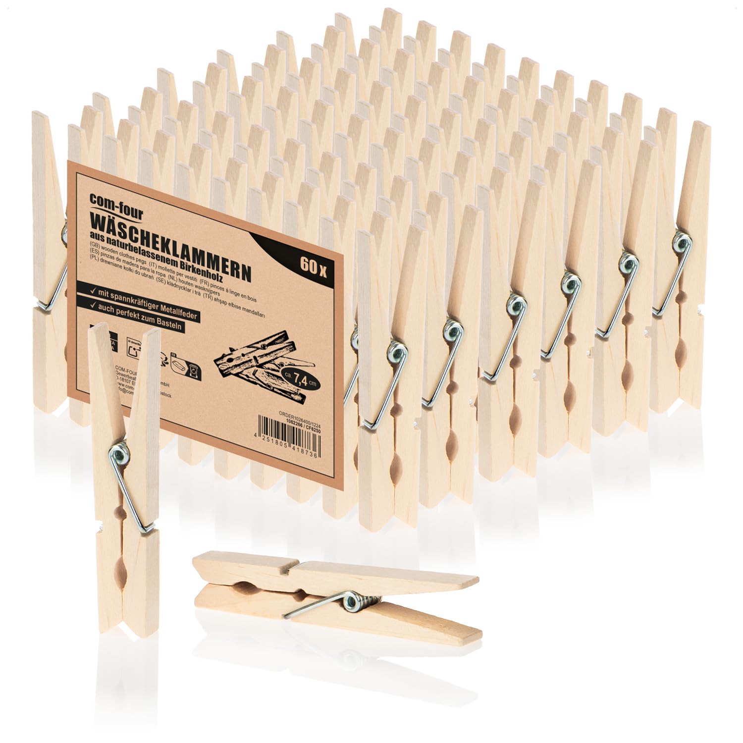 COM-FOUR® 60x Wooden clothespins - Sustainable wooden pegs made of birch wood - Untreated wooden clothespins for hanging clothes and handicrafts (060 pieces - birch)