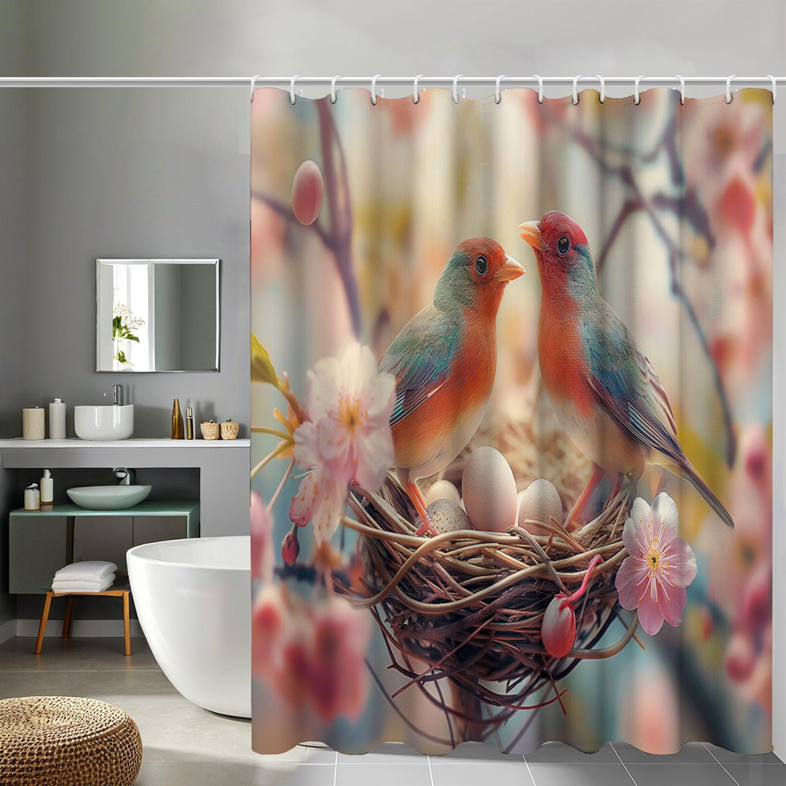 Rideau salle de bain oiseau pastel pour créer une ambiance bien-être naturelle