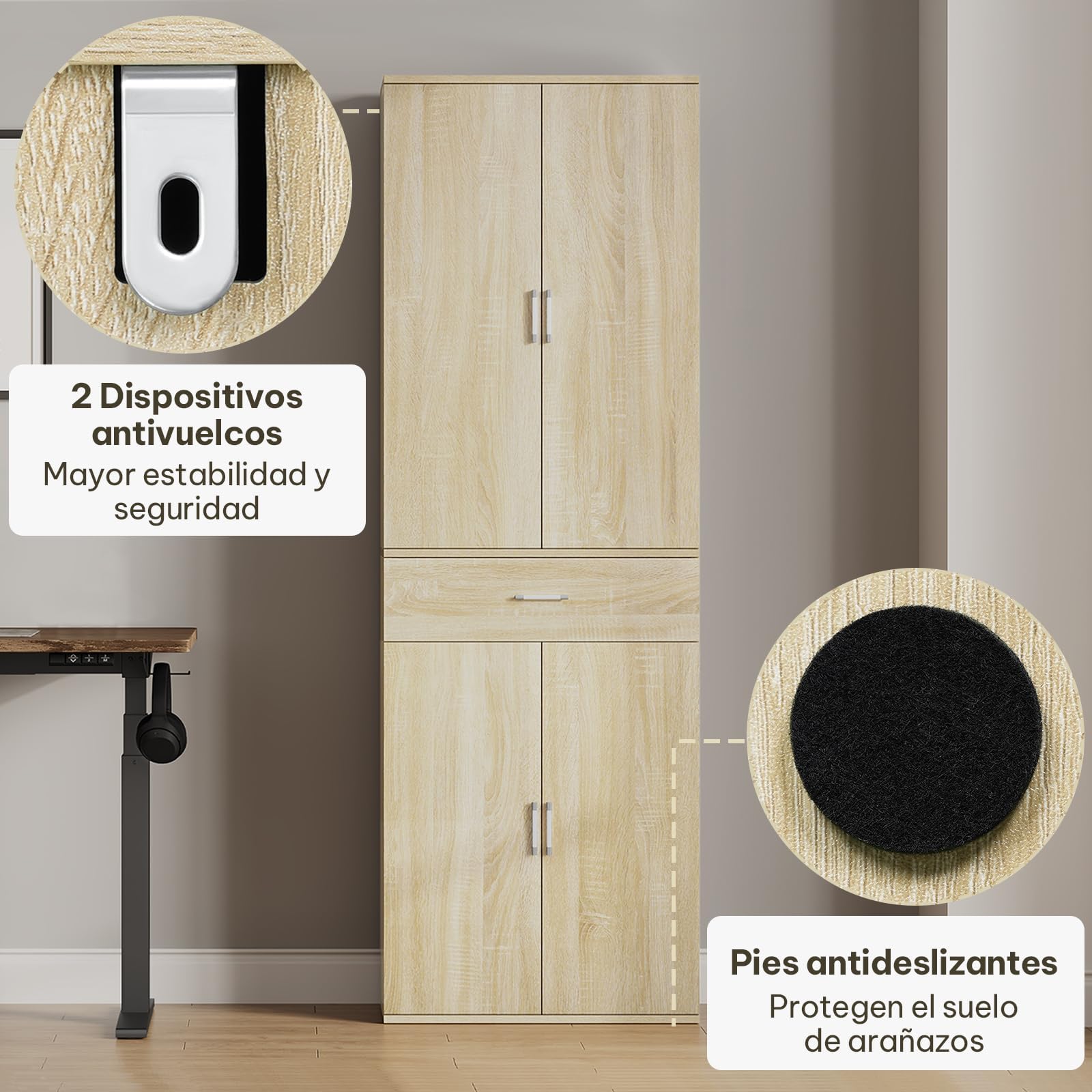eSituro Armario de Oficina con Puertas, 60x34x180 cm, Roble Claro | Armario de Almacenaje con 1 Cajón y 5 Estantes, Estantes Ajustables