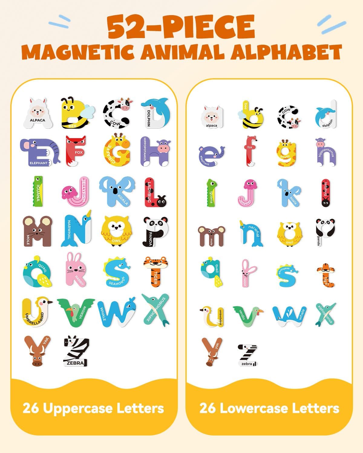 JUPITEARTH 52 PCS Magnetic Letters, Large Cute Animal Alphabet Magnets for Fridge + Drawing Pad for Kids 2-Pack 9 x 12 Inch