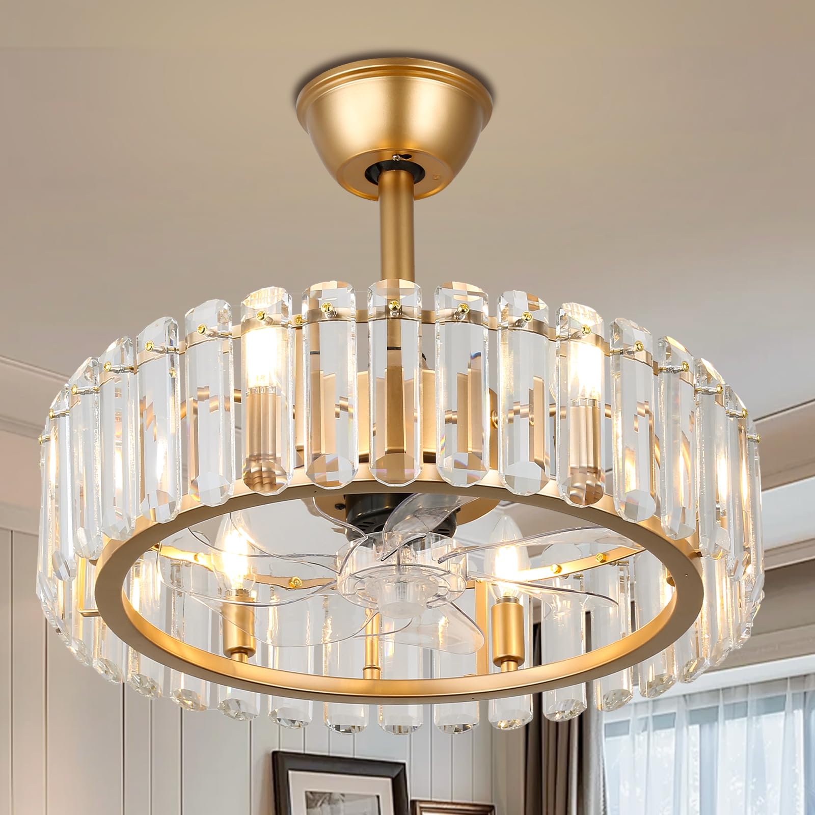 FRIXCHUR Gold Crystal Fandelier Ceiling Fan with Lights Remote