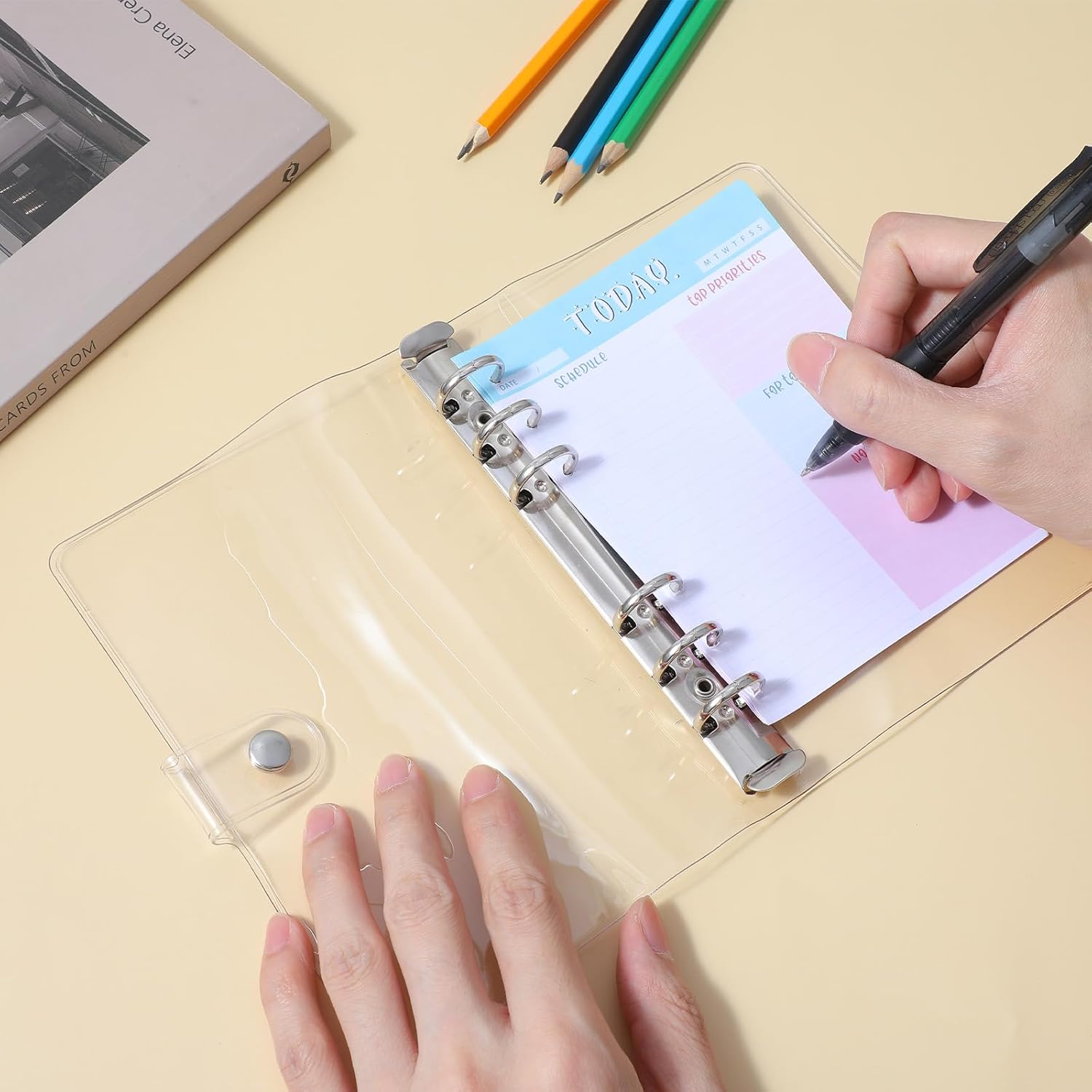 10 Pack A6 6 Ring Binder, Clear 6 Ring Binder A6, Soft PVC Transparent Cover with Metal Rings, for Refillable Notebooks School Office Meeting Supplies (5.3 x 7.4 Inches)