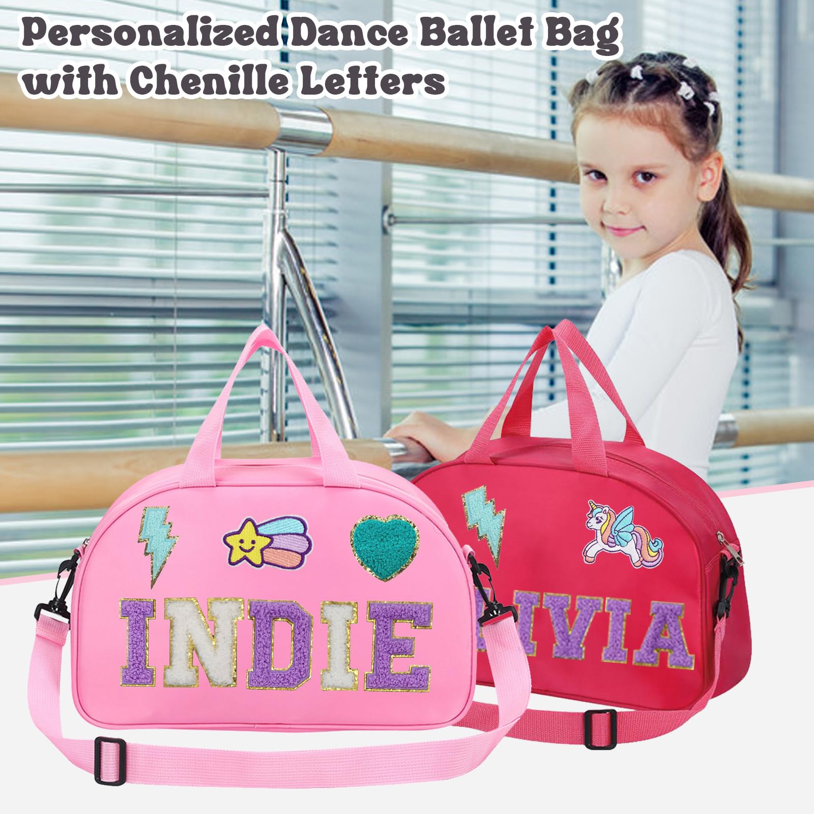 Personalized Kids Dance Ballet Bag, Custom Dance Bag with Chenille Letter, Large Capacity Sport Duffle Bag, Girl Dance Duffle Bag, Pink Cheerleader Bag, 4-6 kids Dance Bag, 14