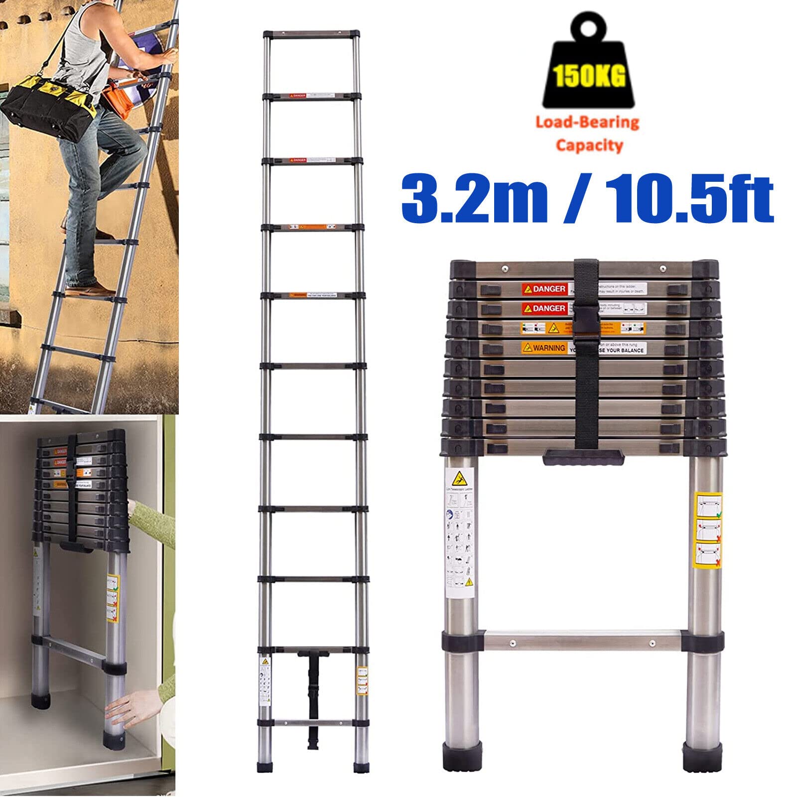 Scala telescopica pieghevole, 3,2 m, antiscivolo, multiuso, allungabile, in acciaio inox, portatile, allungabile, scala Attic EN131, Safe Standard 330 LB, capacità di carico (3,2 m/10,5 ft)
