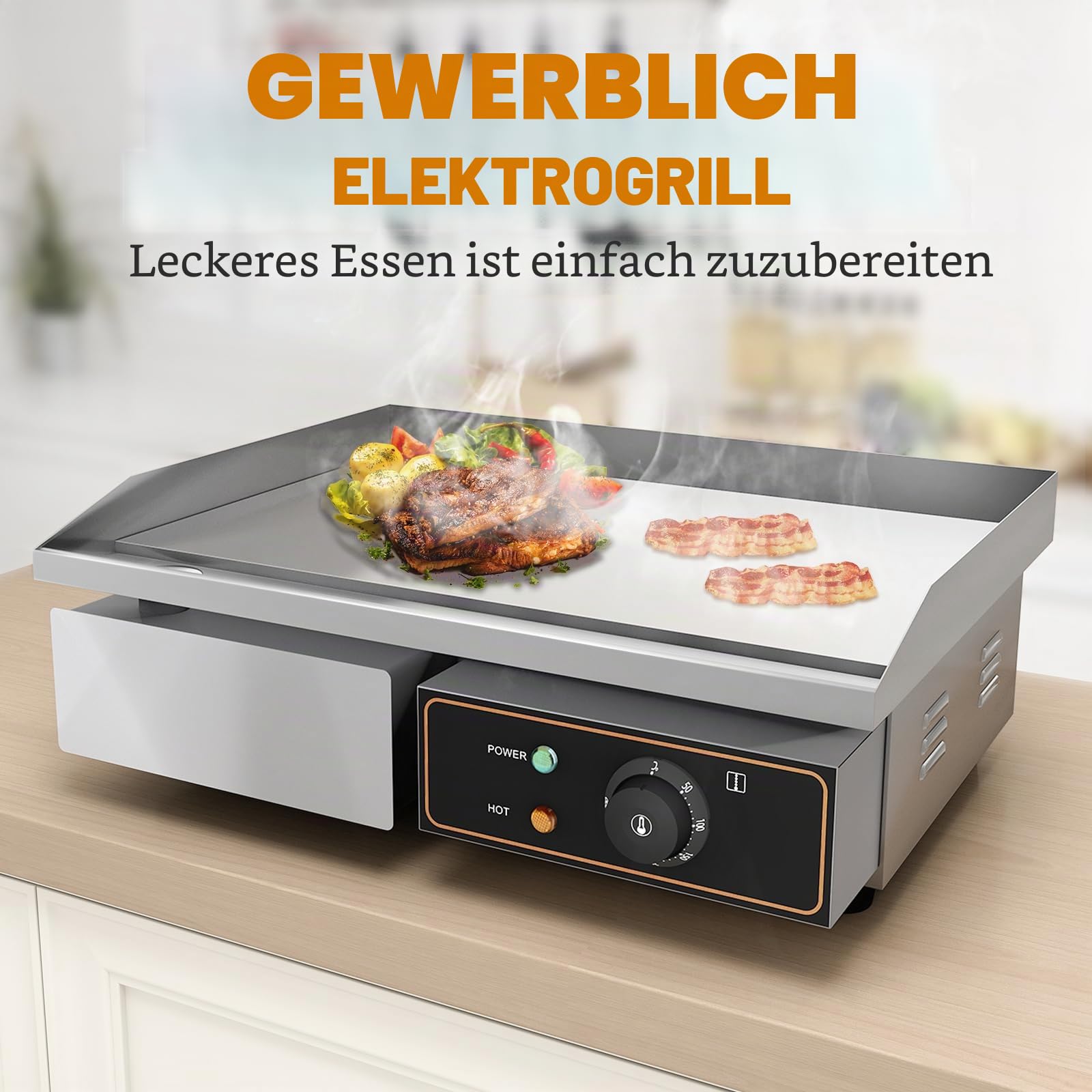 Grillplatte Elektrisch glatt Bratplatte, Elektrogrill | 55 x 34 cm Grillfläche aus Gusseisen,Profi Gastro Elektrische Tischgrill 3000W