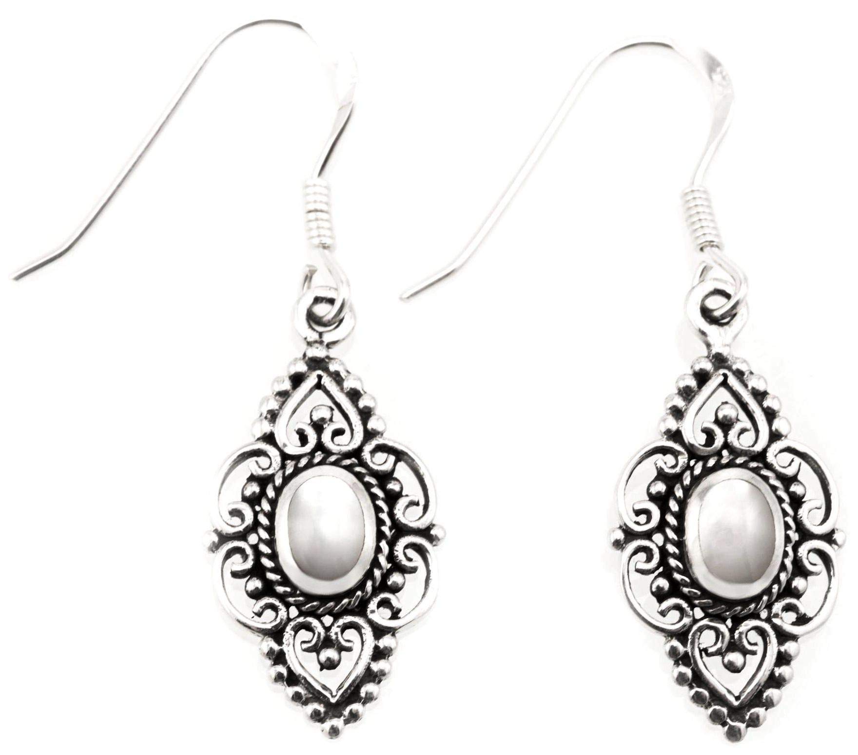 Vintage Ohrringe 925 Sterling Silber mit weißem Perlmutt Stein – Elegante Silber Ohrhänger Damen – Boho Ornament Ohrringe – Retro Schmuck Geschenk für Frauen