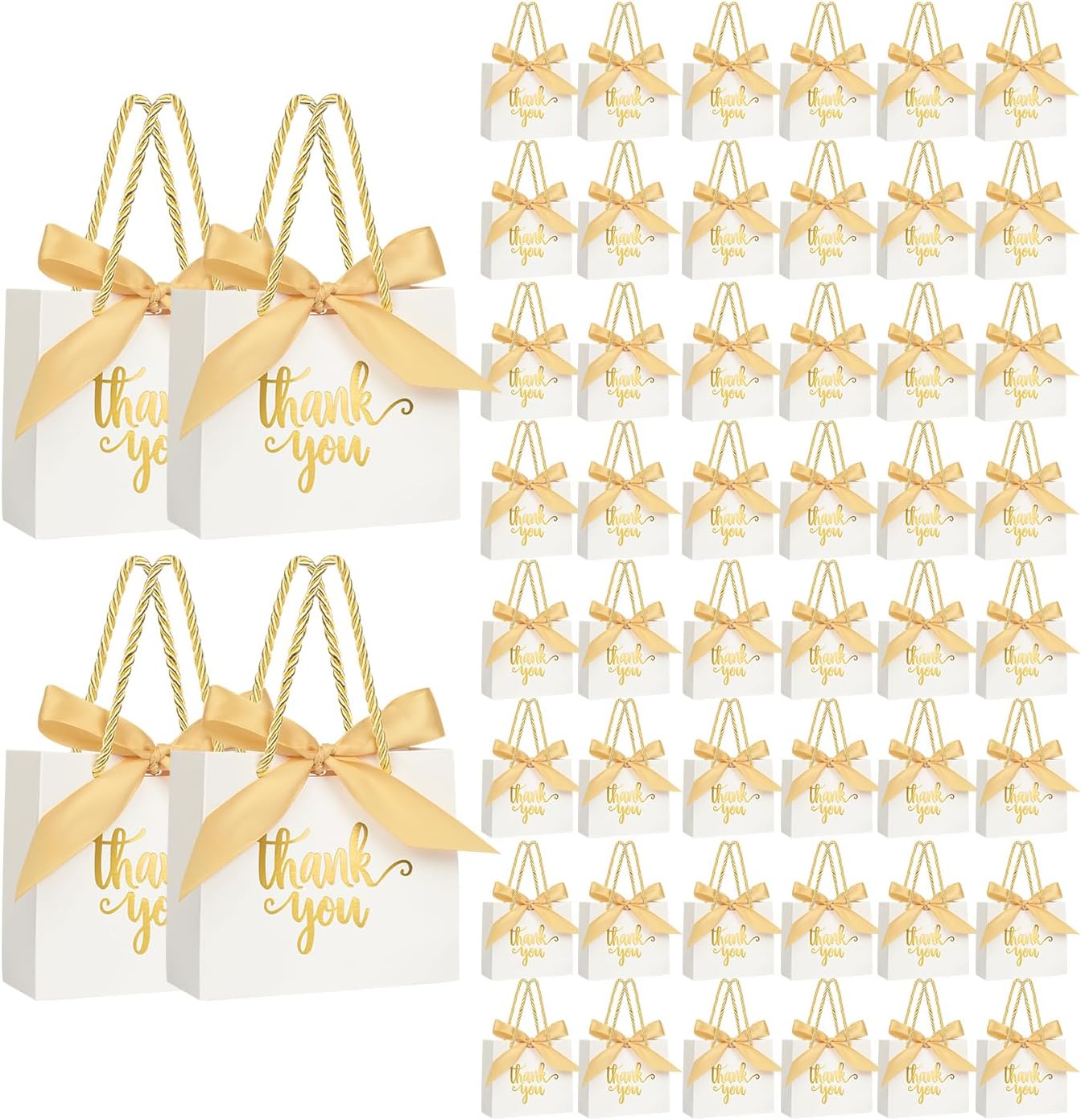 Nimbbex 50Pack Thank You Gift Bags with Handles, Party Favor Bags 5.5x2.3x4.7 Inches Small White Gift Bags with Handles, Mini Paper Candy Bags with Gold Ribbon for Wedding Baby Shower Birthday