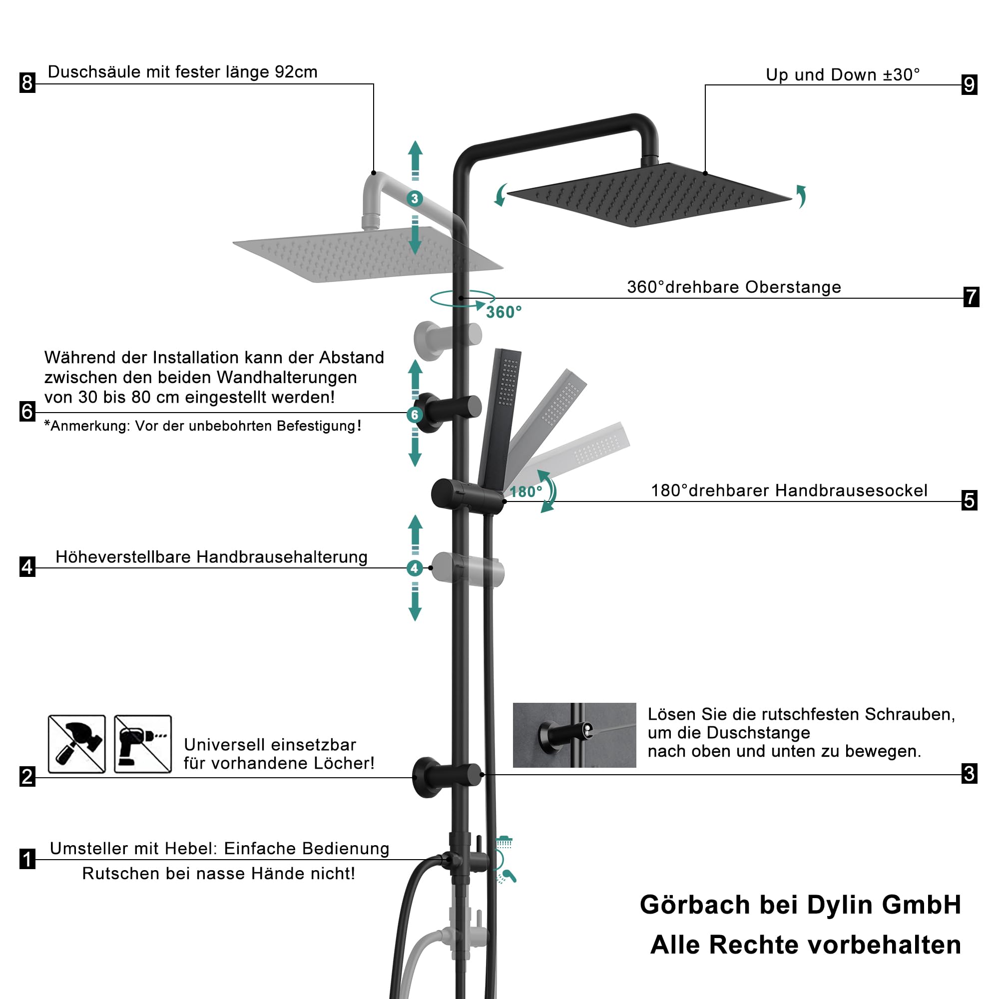 Görbach Deszczownica system prysznicowy bez armatury, zestaw prysznicowy ze stali nierdzewnej z drążkiem prysznicowym 92 cm, kwadratowa głowica prysznicowa 20 x 20 cm, czarna