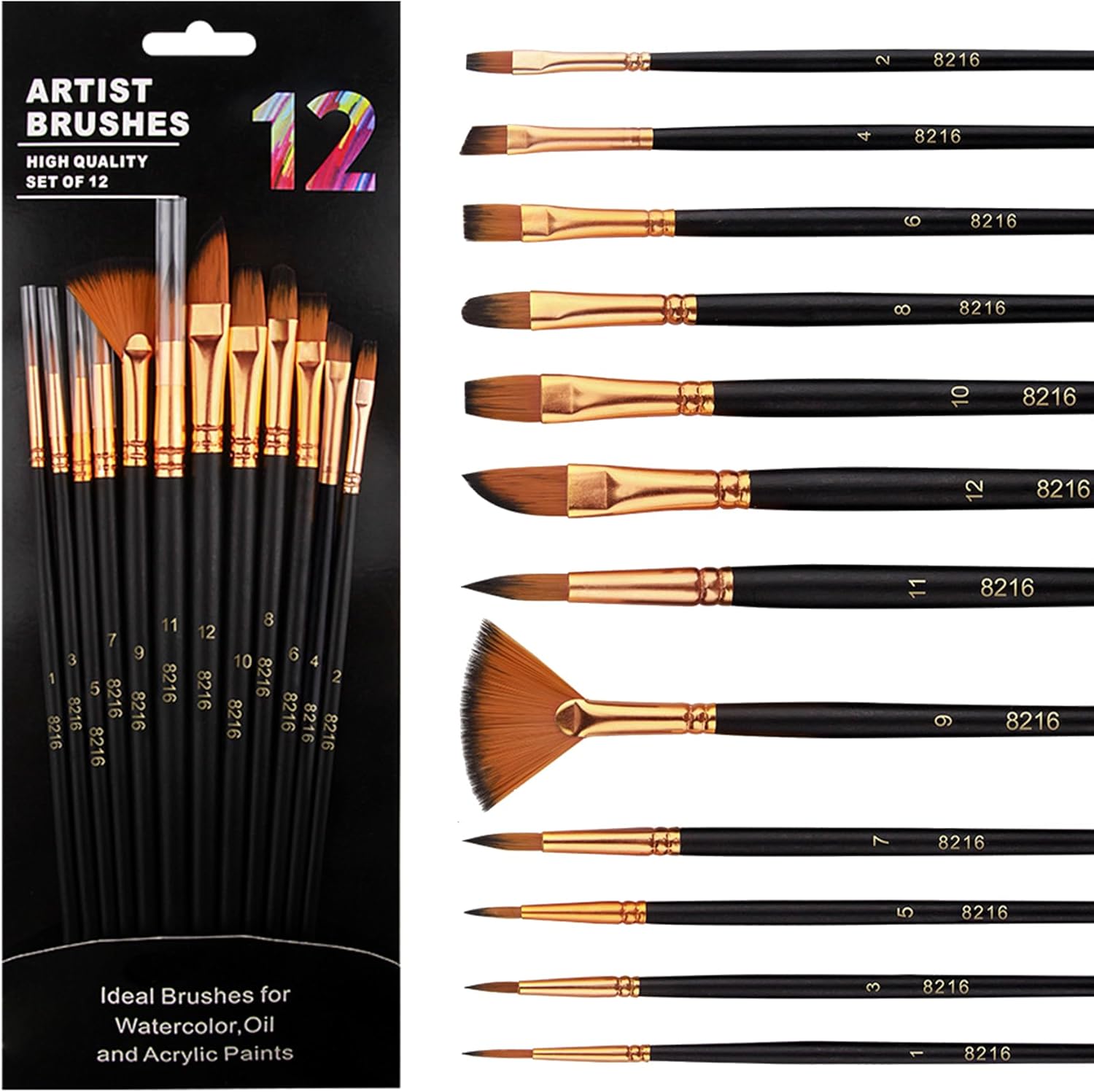 Paint Brushes,Artist Paint Brush Set of 12,Professional Art Painting Brush for Acrylic Painting,Oil,Watercolor,Include Pointed Rounds,Fan,Flat Assorted Shapes,Great for Kids Adult(Black)