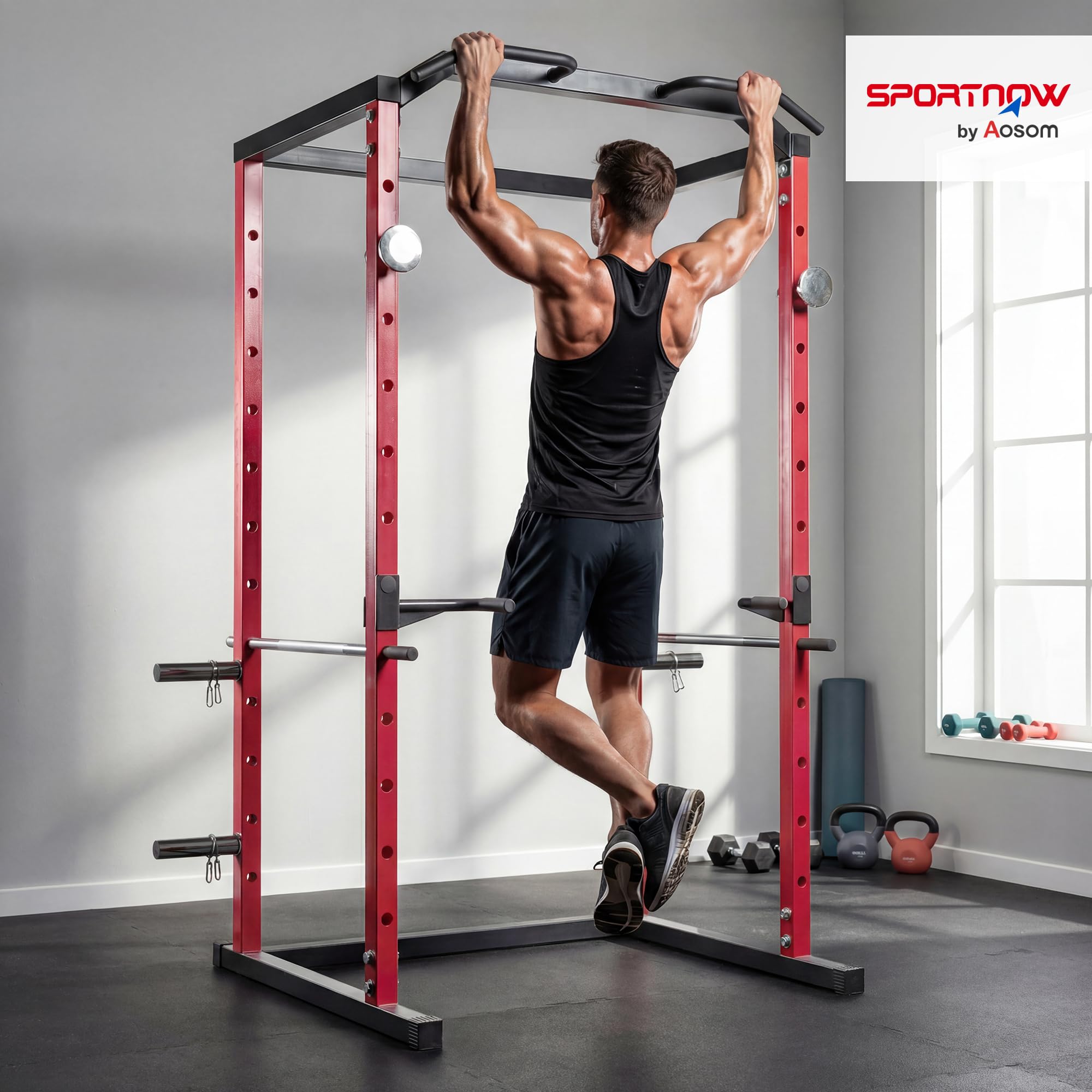 SPORTNOW Power Tower con Barre per Dip e Trazioni, Ganci J, Rack Palestra Multifunzione con Altezza Regolabile 11 Livelli, Struttura Acciaio, per Allenamento Fitness a Casa Palestra, Capacità 460 kg