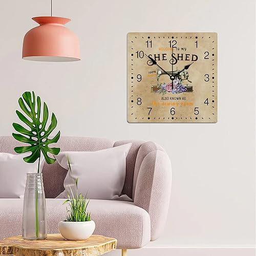 Miniatura 3 de Zyadsinoudor Reloj de pared de PVC con texto en inglés "Welcome to My She Shed", máquina de coser con flores moradas, reloj de pared grande de 12