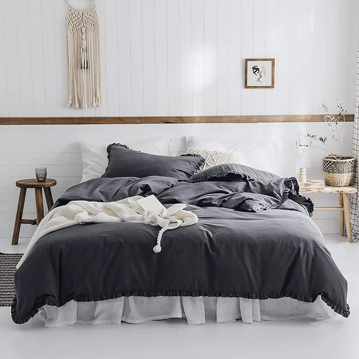 MGEMJMJ Solid Color 100% Washed Cotton Duvet Cover,Vintage Ruffle Comforter Cover,Farmhouse Rustic Soft Breathablequilt Cover With Zipper(Size:200x230cm(79x91inch),Color:C)
