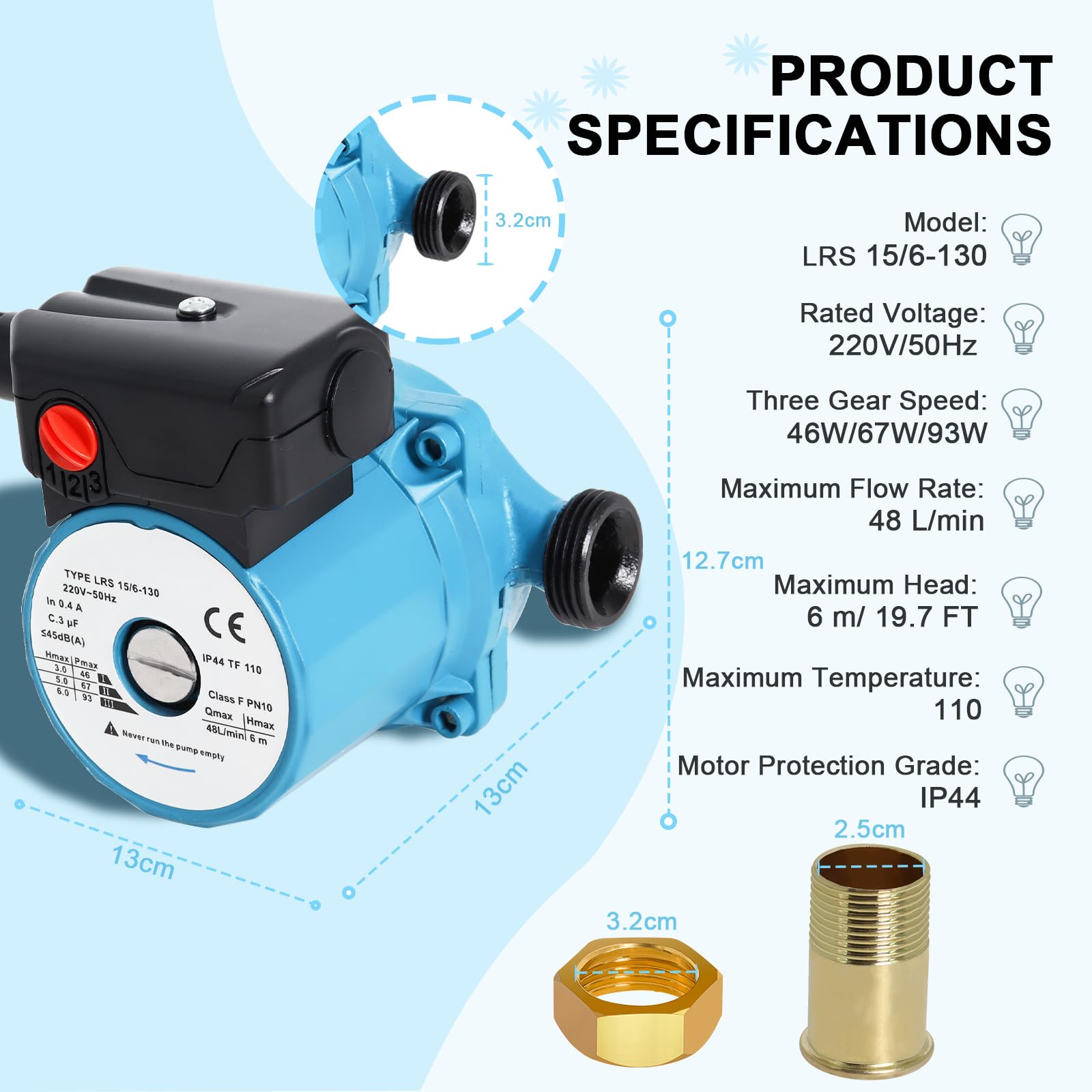 Gekufa Circulateur Chauffage LRS15/6-130, Pompe de Circulation 220V, Circulateur Eau Chaude Sanitaire à Trois Vitesses 46/67/93W, Circulateur Chauffage Central Max Tête 6m
