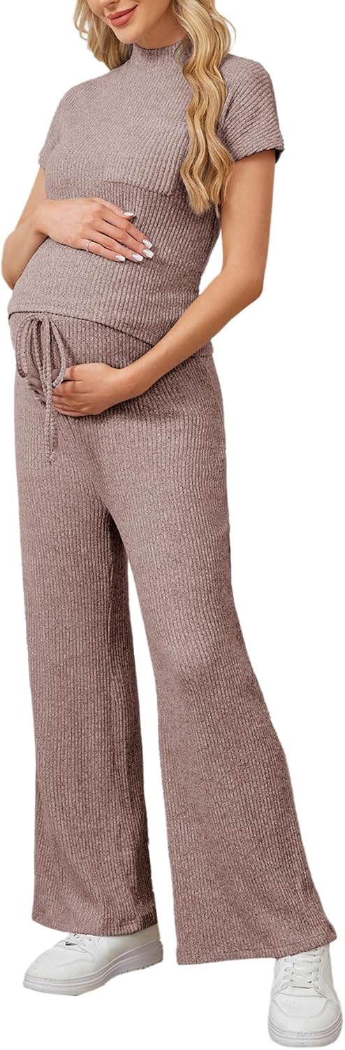 OYOANGLE Women's Maternity Lounge Set 2 Piece Ribbed Knit Short Sleeve Top and Pants Pajama Set Sleepwear