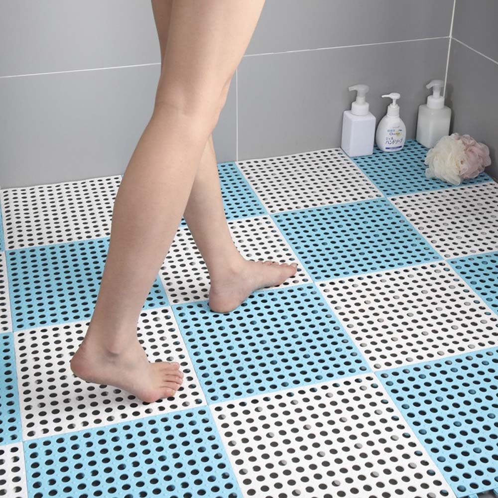 Bathroom Mat, Interlocking Rubber Floor Tiles Soft PVC Non-Slip Tile Splicing Shower Mat Outdoor Cushion Mat for Bathroom, Deck, Drain, Pool, Patio, Balcony (C,4Pcs/30x30cm)