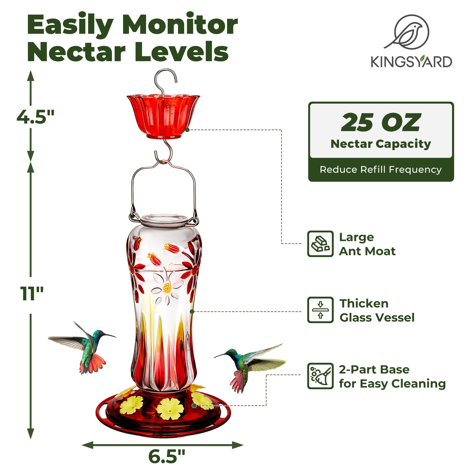 Kingsyard Hummingbird Feeder for Outdoors Hanging, 25 Ounces, Glass Humming Bird Nectar Feeder with Ant Moat & 6 Feeding Ports, Leak Proof, Red - 4