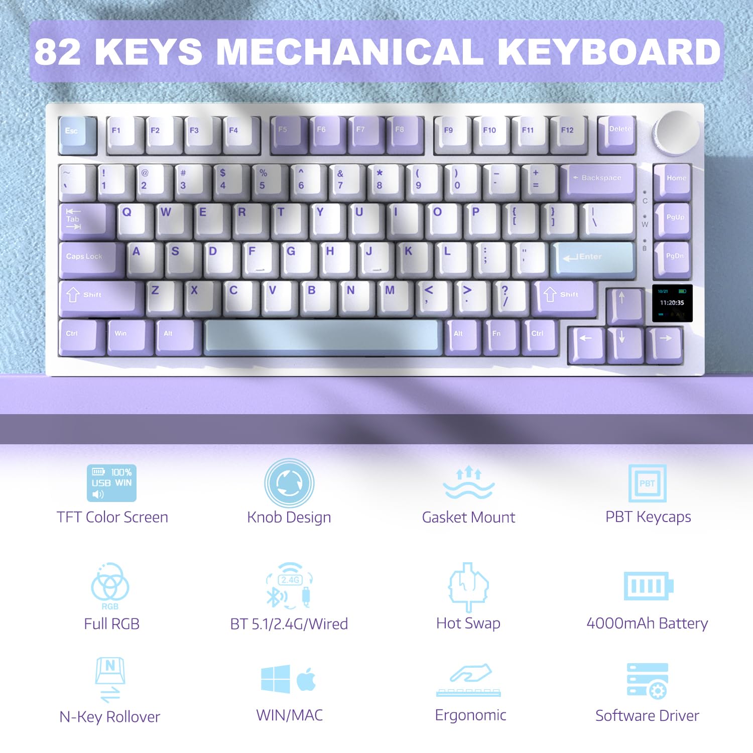 ATTACK SHARK X Ajazz AK820 Pro Mechanical Gaming Keyboard with Knob&TFT Display,Bluetooth 5.1/2.4G Wireless/Type-C Wired 75% Percent Keyboard,5 Sound Absorbing Foams,South RGB,Gift Switch-Purple - 2