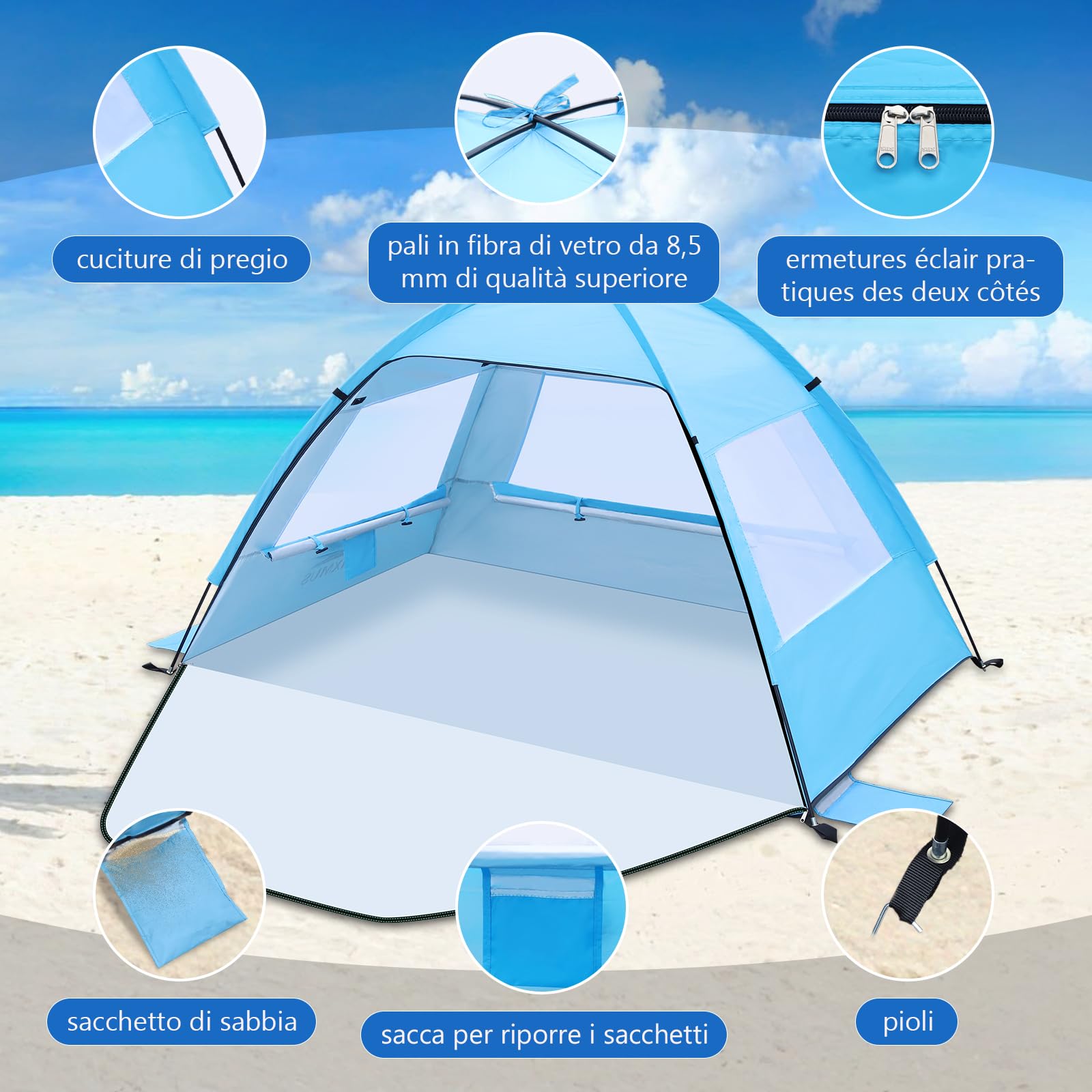 Tenda da Spiaggia e Campeggio, Tenda da Sole UV50+ Pieghevole e Impermeabile, Portatile con Massima Ventilazione e Finestre a Rete, Rifugio Stabile per Bambini e Famiglia