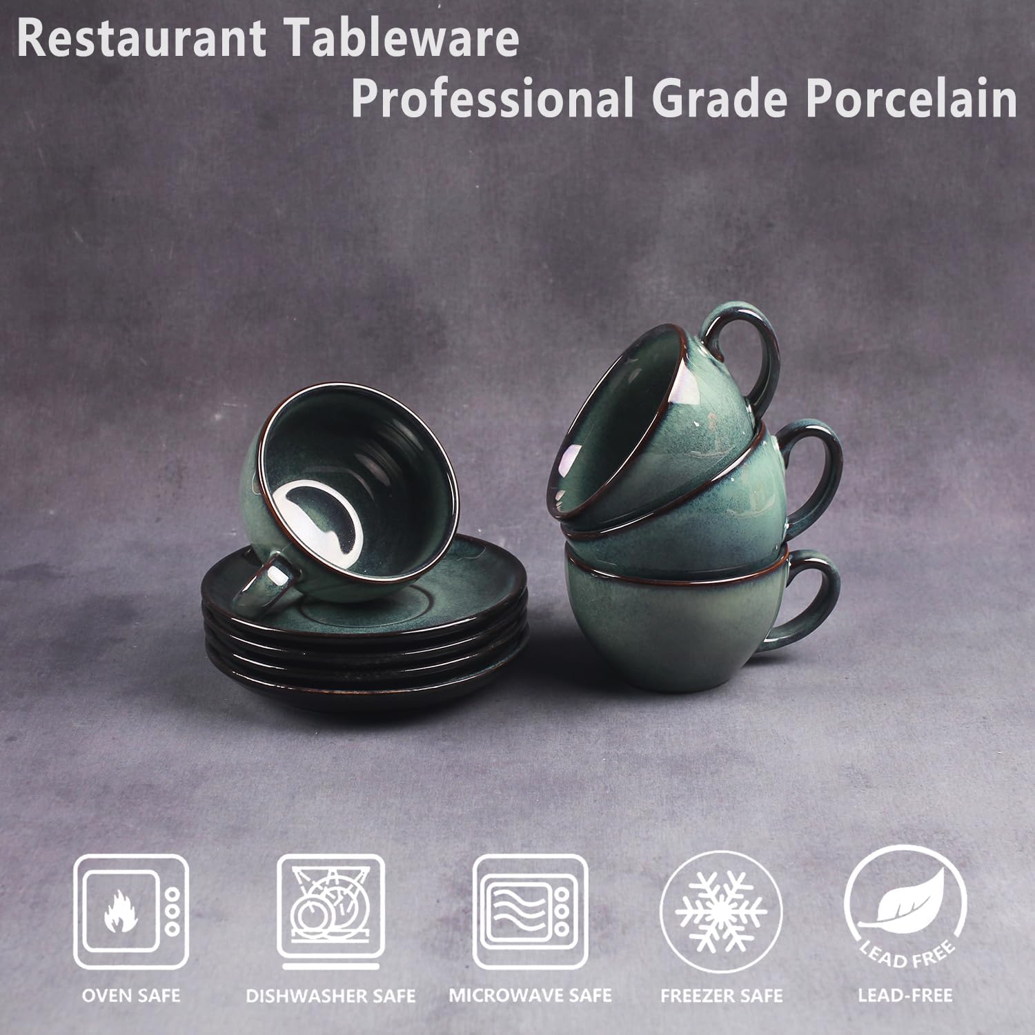 Cappuccino Coffee Mug 4-Piece Set [6.7 oz], Ceramic cup and Tea Cup Set, Latte Cup, Latte Art Cup, with Saucer, Suitable for Cafes, Family Gatherings, Parties, Haze Green