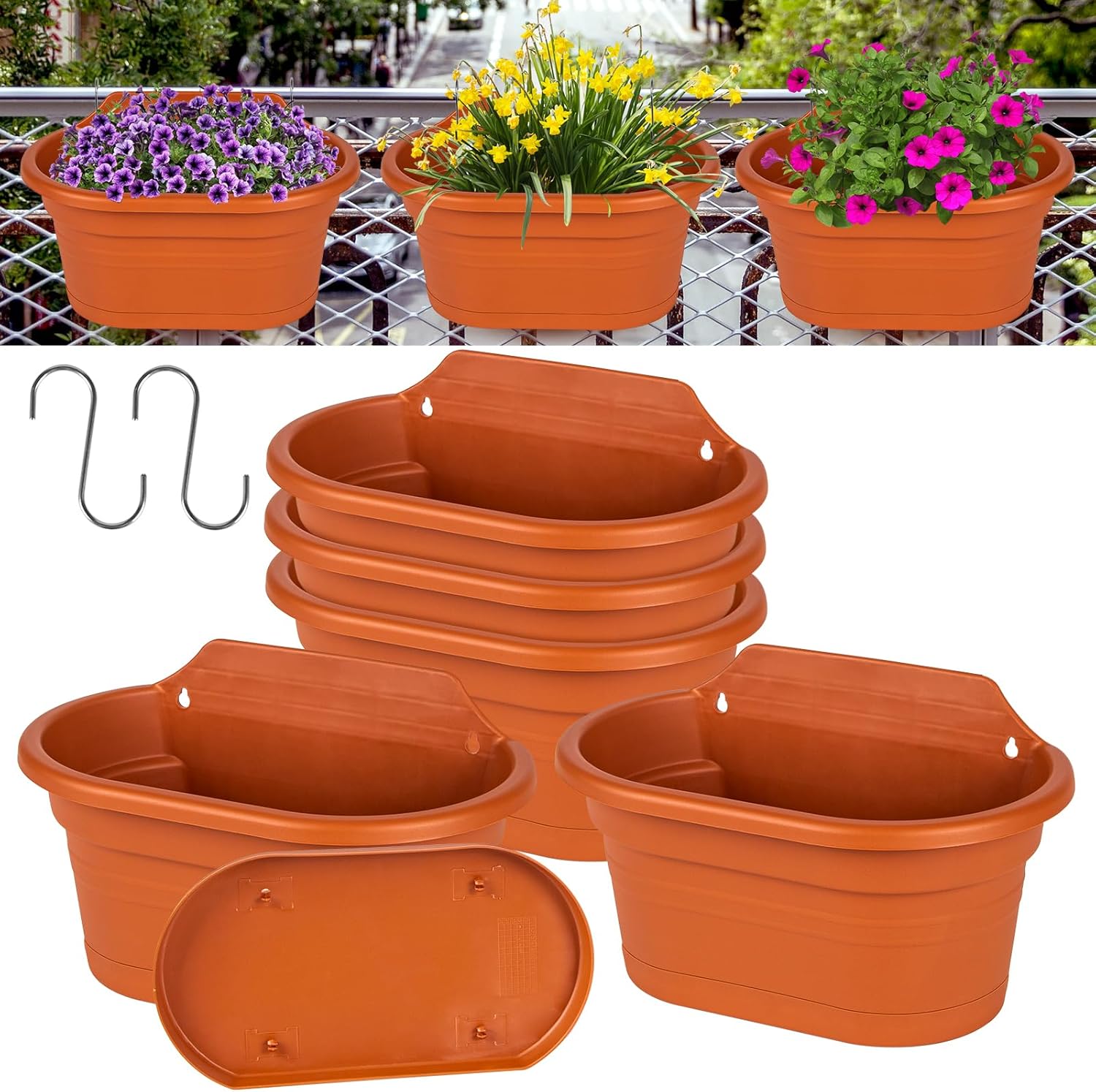 QCQHDU Hanging Railing Planter,5 Pack 11 inch Plastic Fence