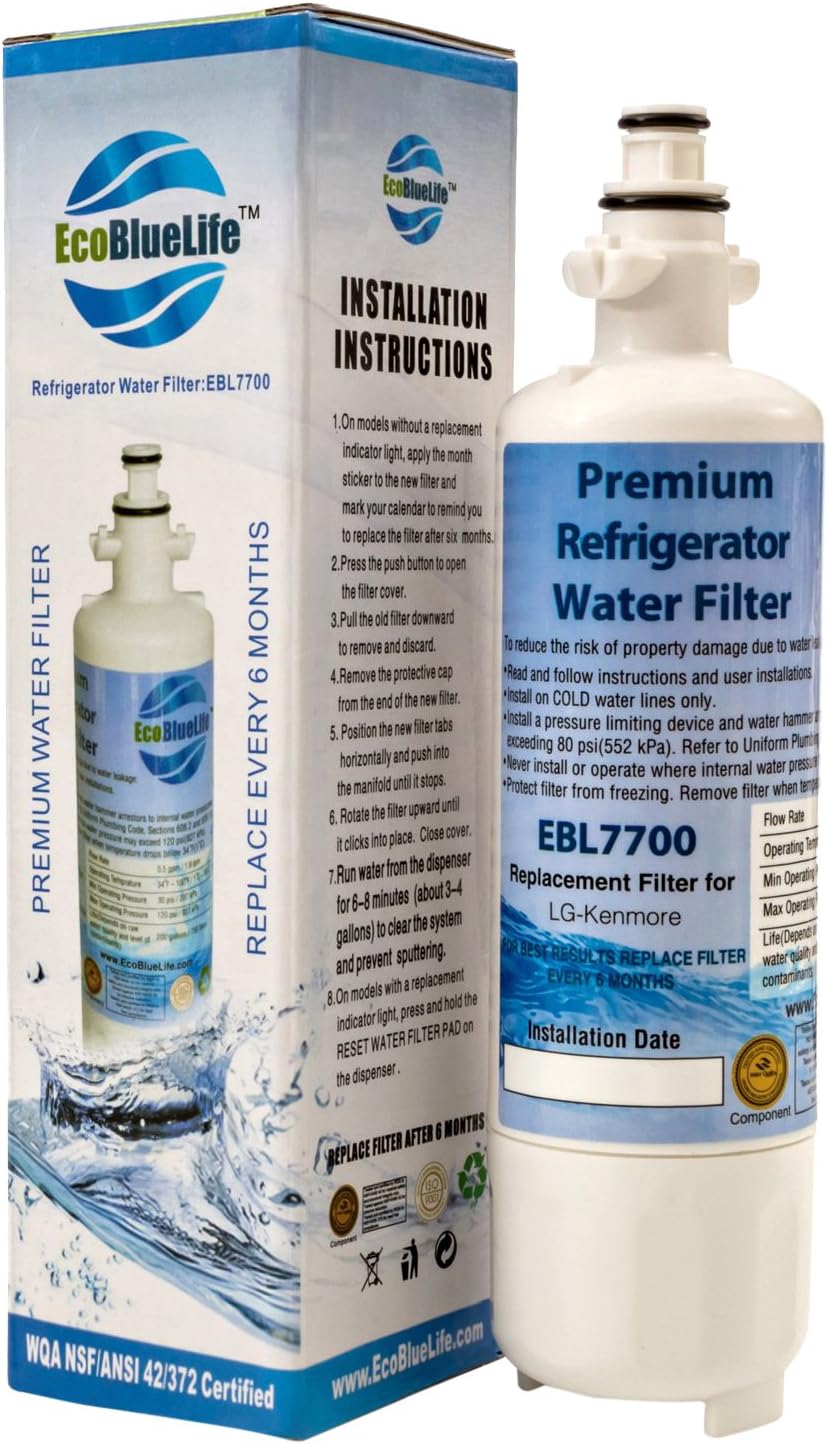 EcoBlueLifeRefrigerator Water Filter Replacement - Compatible with LT700p and 46-9690, Certified for Chlorine Reduction & Lead-Free Compliance. Made from Activated Carbon Media, Easy Install