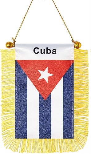 CANTENDO Bandera colgante de ventana de Cuba, mini bandera cubana para automóvil con poste y borla, decoración de espejo retrovisor (3 x 5 pulgadas)