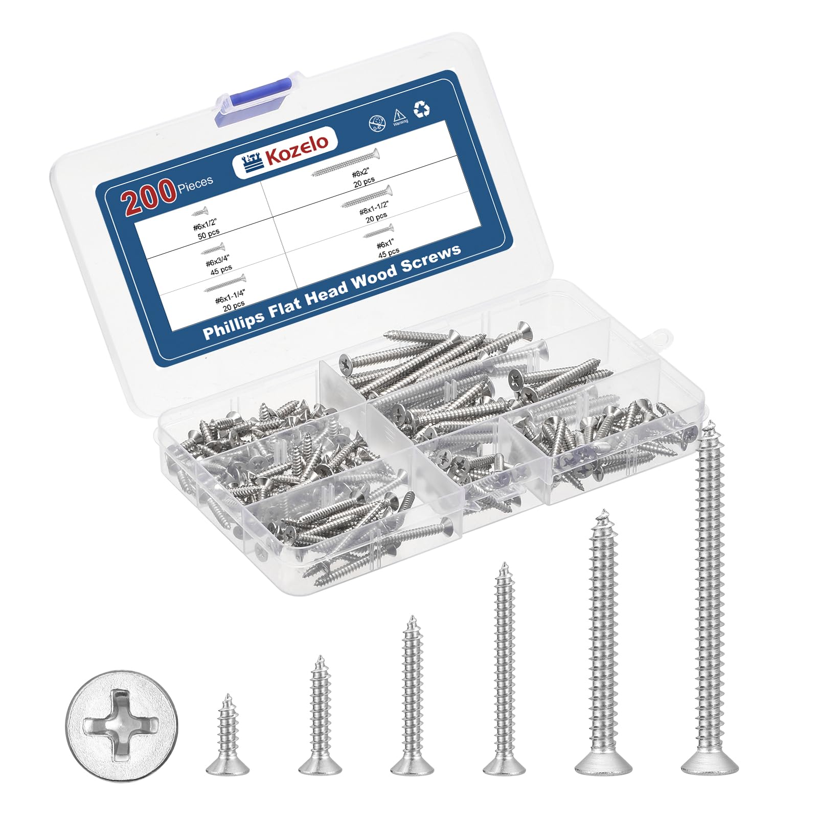 Kozelo 200Pcs Phillips Flat Head Wood Screws Assortment Kit - [#6,#8] 304 Stainless Steel Countersunk Self Tapping Screws, Silver
