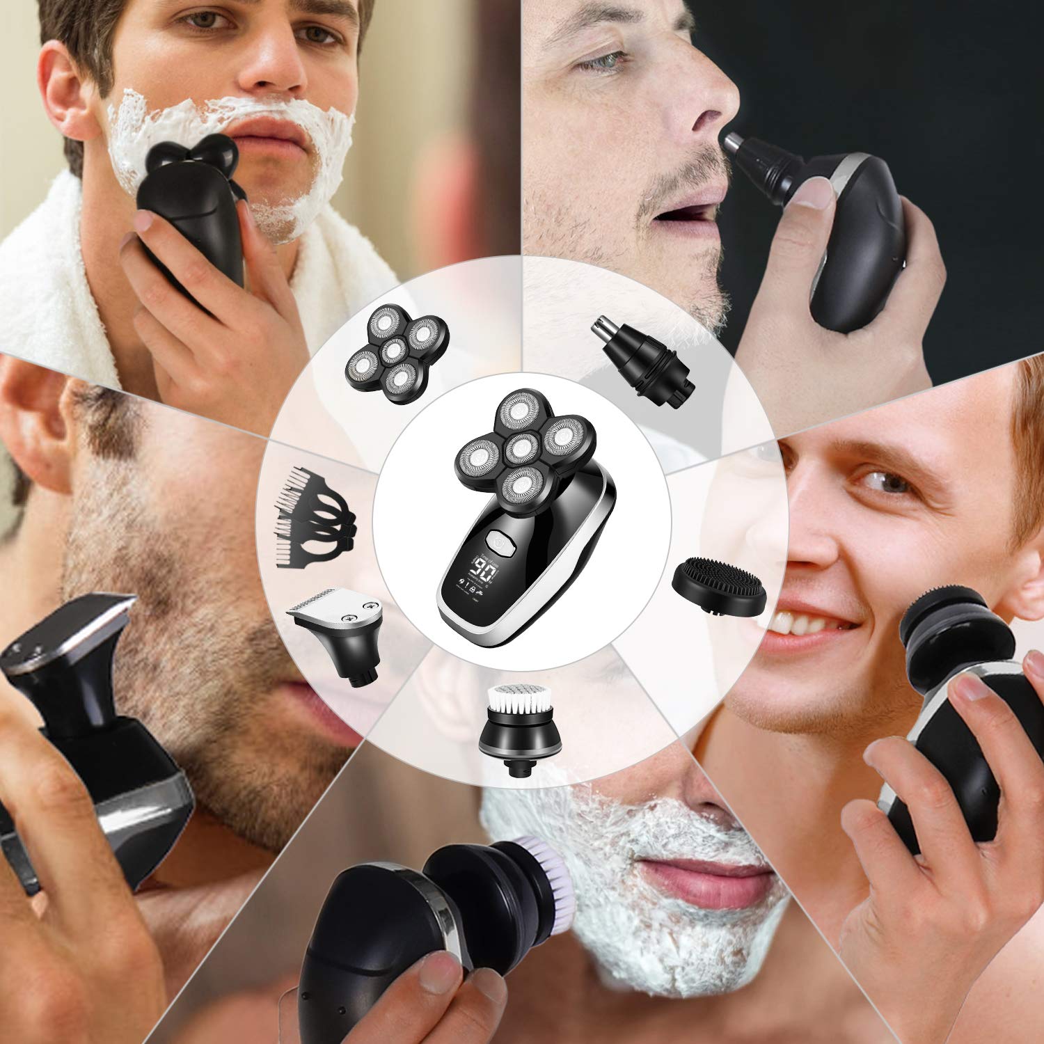 Electric Shaver Razor for Men, Bald Head Shaver 5 in 1 Cordless Waterproof Mens Shaver USB Rechargeable Grooming Kit (Silver)