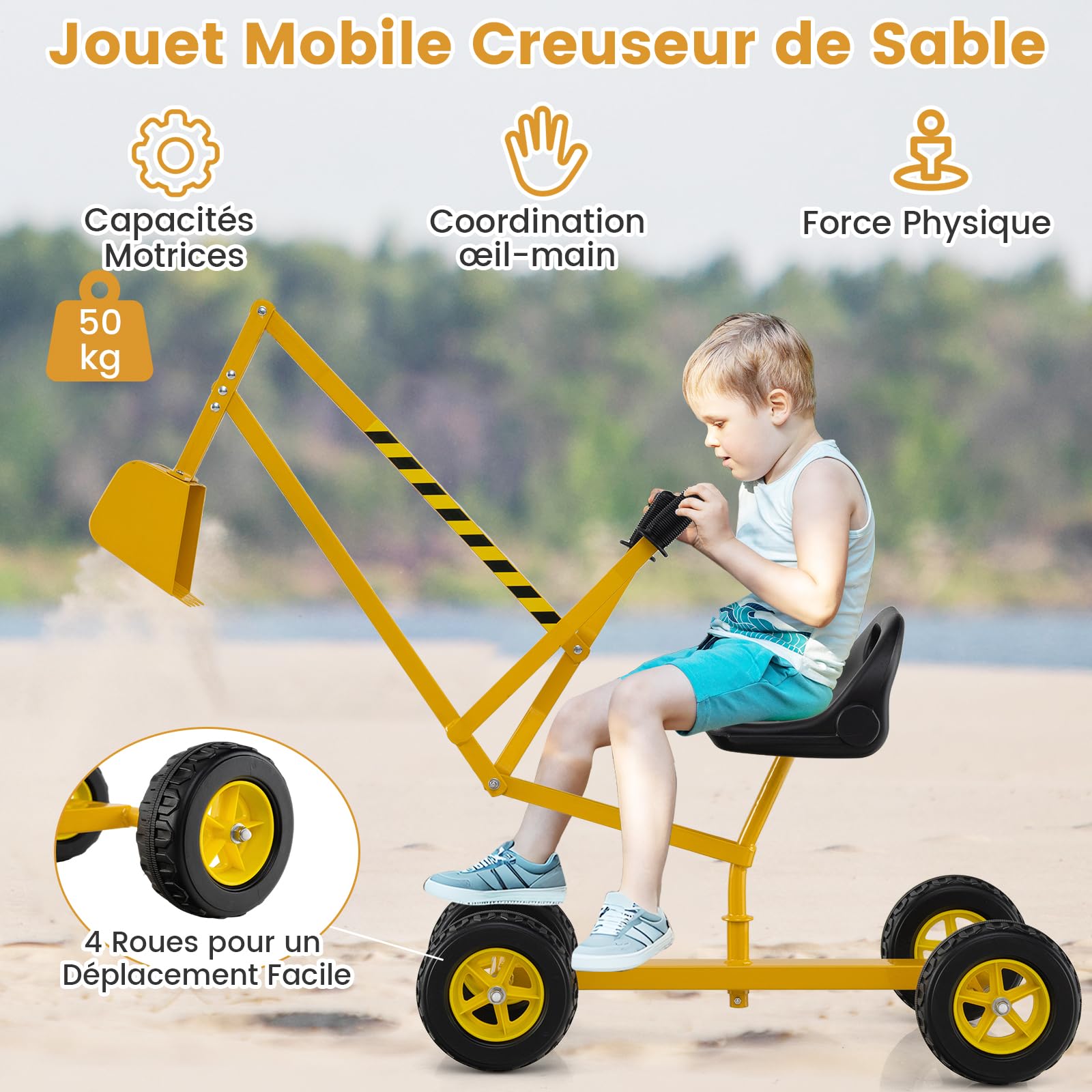 DREAMADE Pelleteuse pour Enfants, Jouet de Bac à Sable en Métal avec Siège Rotatif à 360°, Pelle Flexible, Grue Excavatrice d'Extérieur pour pour Terre, Neige, Plage (Jaune,avec Roues)