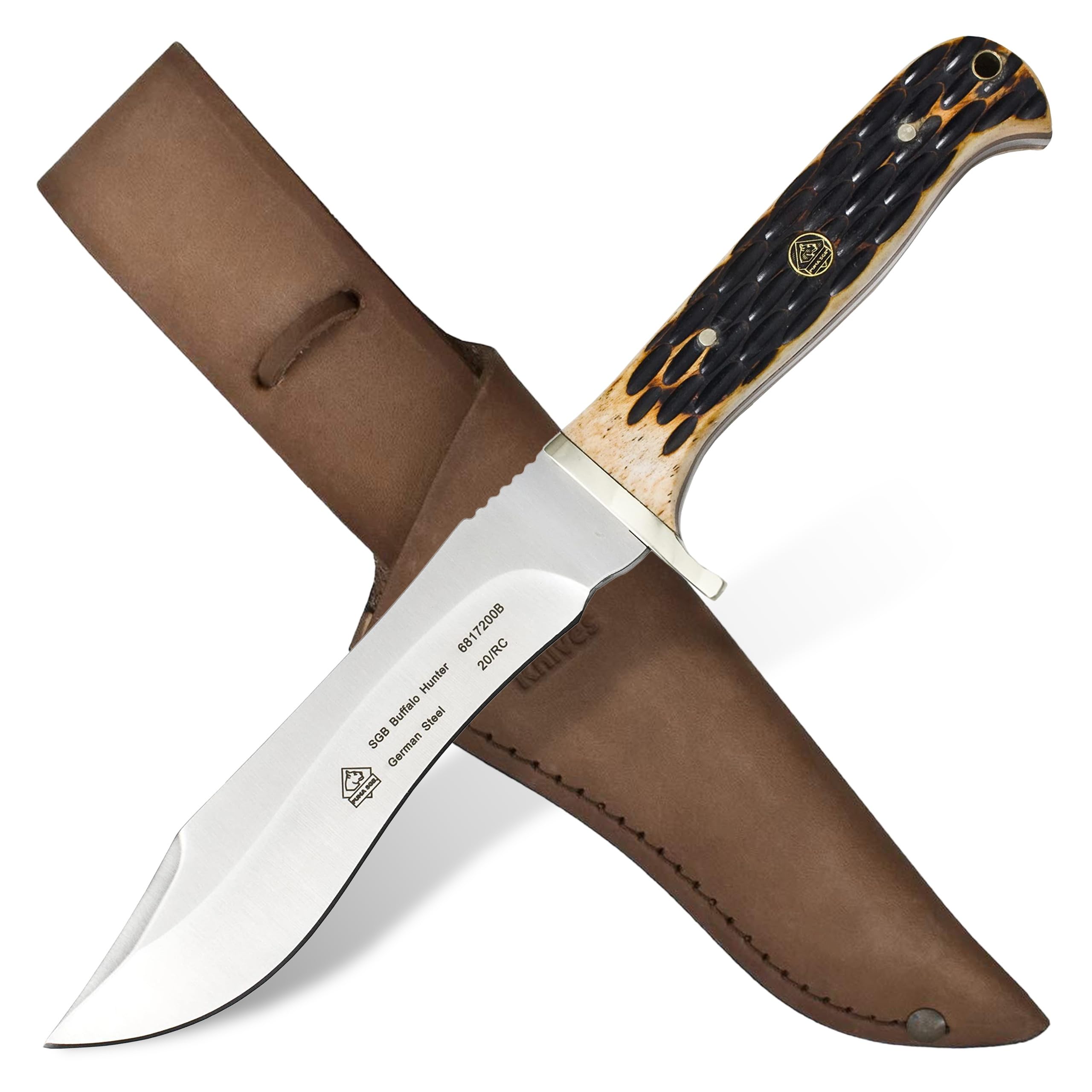 Puma SGB – Buffalo Hunter - Griffschalen aus Jigged Bone - Full-Tang Jagdmesser - 144mm Clip-Point Klinge aus deutschem Stahl (1.4116, 55-57 HRC) - Inklusive Lederscheide (Art.Nr.: 6817200B)