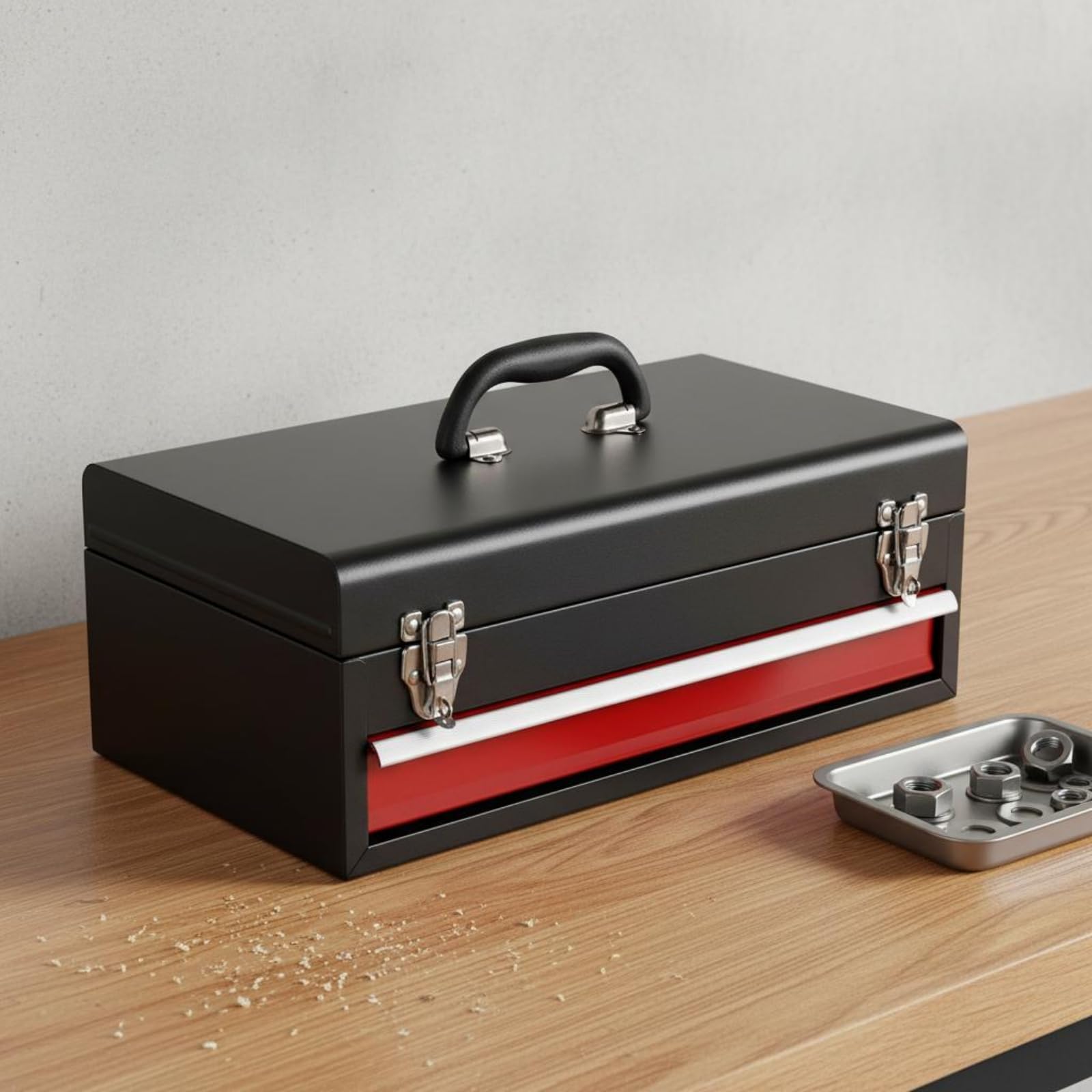 Cassetta in Metallo Rettangolare Nero e Rosso Valigetta Porta Attrezzi in Metallo, 2 Cassetti 510 220 250mm