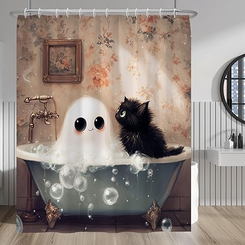 Miniatura 167 de Baocicco Juego de cortinas de ducha de fantasmas de Halloween, encantadores fantasmas de dibujos animados, divertidos trucos o tratos, cortinas de