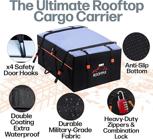 Miniatura 4 de RoofPax Bolsa de transporte de carga extra impermeable para techo de 15 cft, doble cremallera resistente a la intemperie, alfombrilla integrada, 10