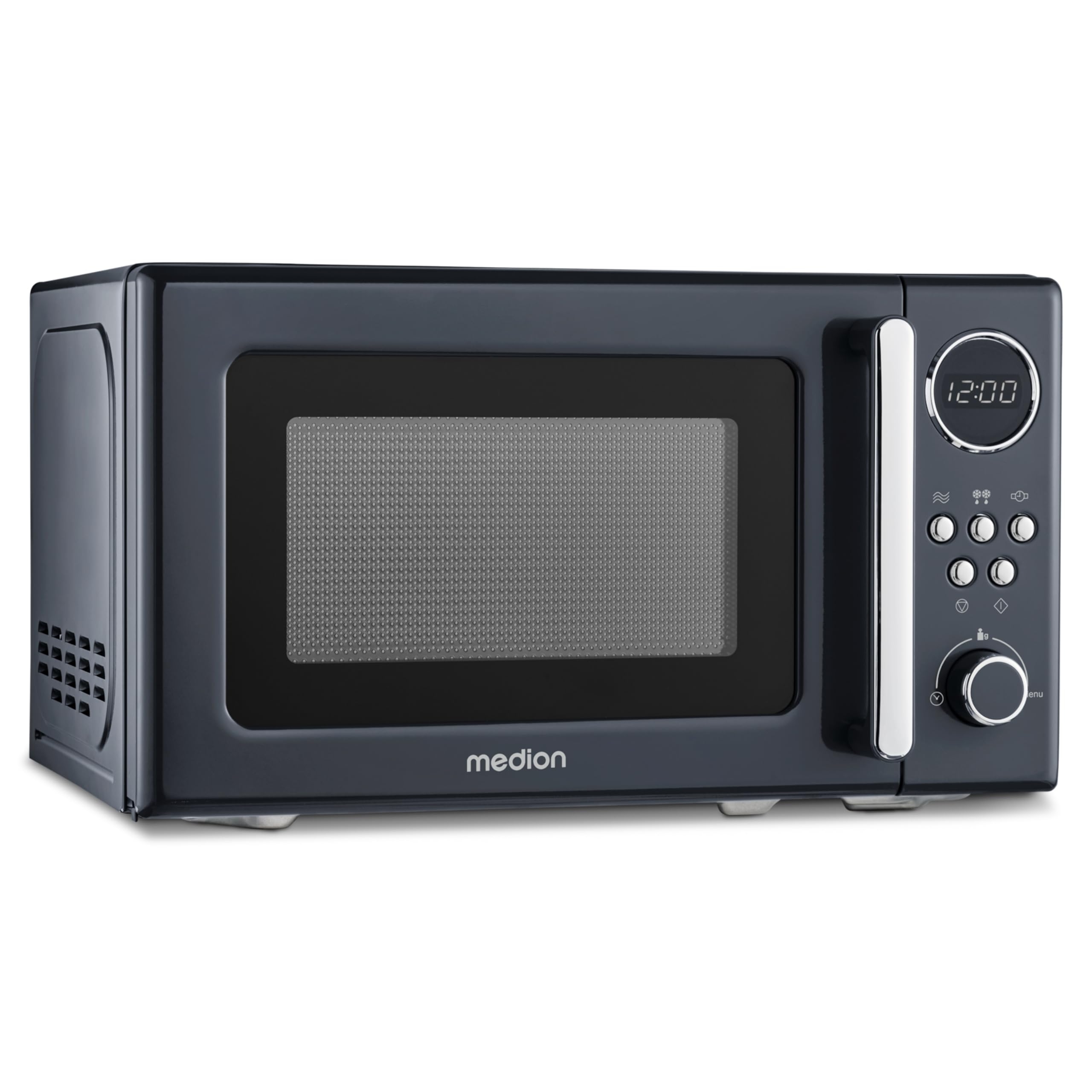 MEDION Retro mała kuchenka mikrofalowa (20 litrów, ok. 800 W, 5 poziomów kuchenki mikrofalowej, 8 automatycznych programów, cyfrowy wyświetlacz, funkcja rozmrażania, kompaktowa, MD15000), szara