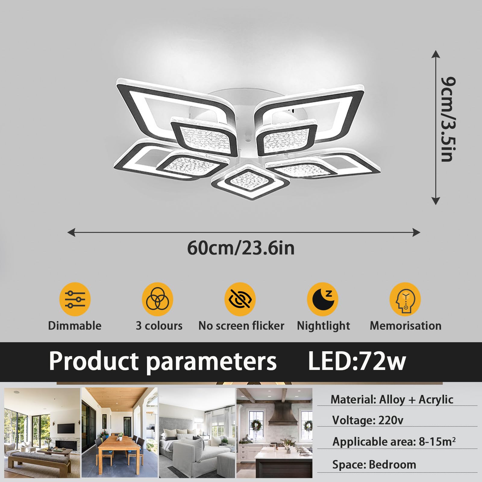 60cm Lampara Techo con APP Y Mando a Distancia Plafon Led Techo Flor Inteligente Decoración Creativa Lámpara de Techo Función de Memoria LED Regulable Embellece Dormitorio Infantil Salón-Black
