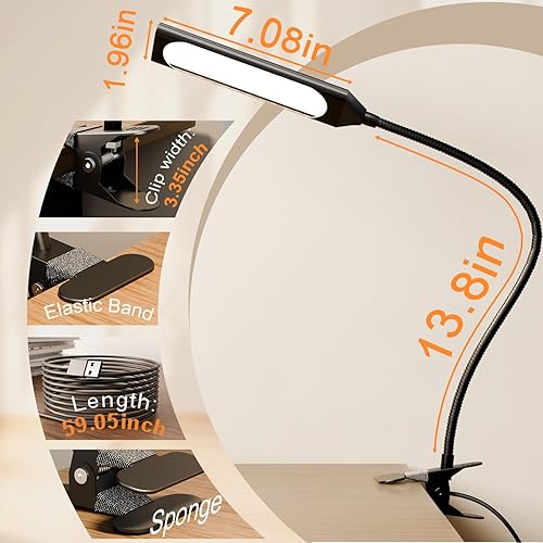 Miniatura 6 de Lámpara de escritorio con clip, lámpara de escritorio LED, 3 modos de color, 14 brillos regulables, lámpara de mesa con clip de metal, brazo