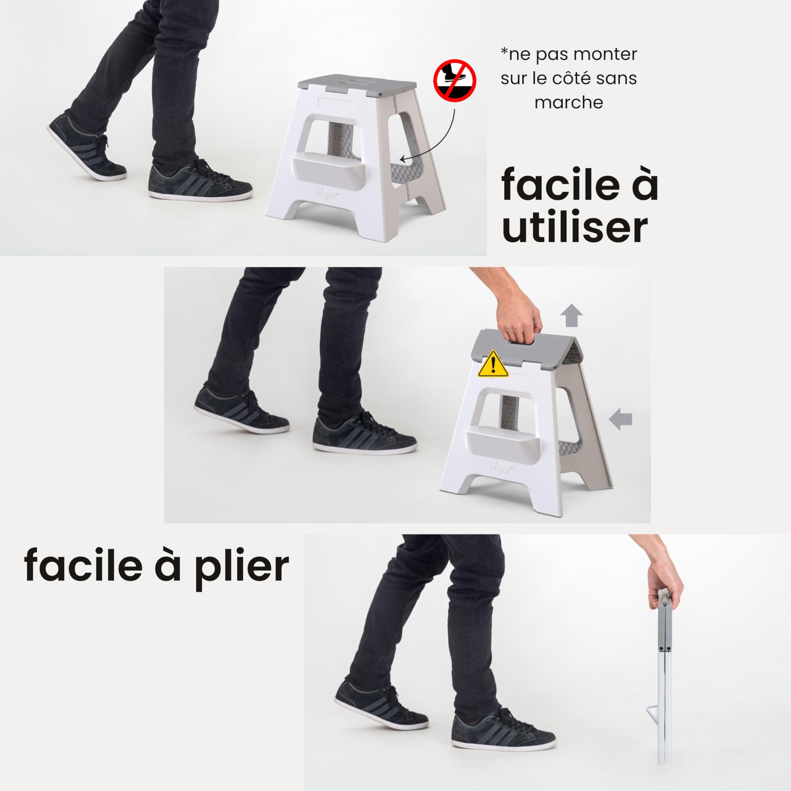 Vigar Compact Tabouret Pliant pour Adultes, 40 cm Marche Pied Pliable 2 Marches, Antidérapant Escabeau pour Salle de Bain, Toilette, Jardinage, Kitchen, House, Bureau, Supporte jusqu'à 150 kg, Gris