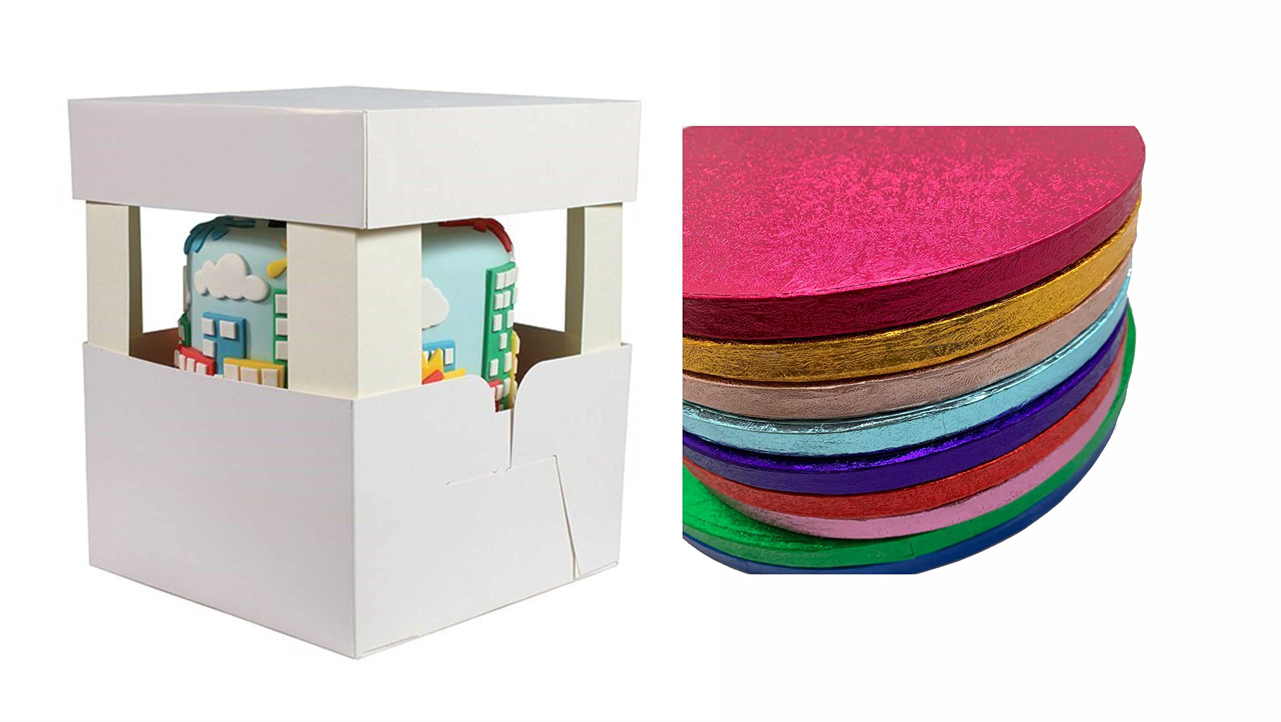 LARRYROO Round Colour Cake Drum & White Box + Lid With 12" Corner Extensions For Tall, High Wedding, Birthday Cakes (8 Inches, Light Pink)