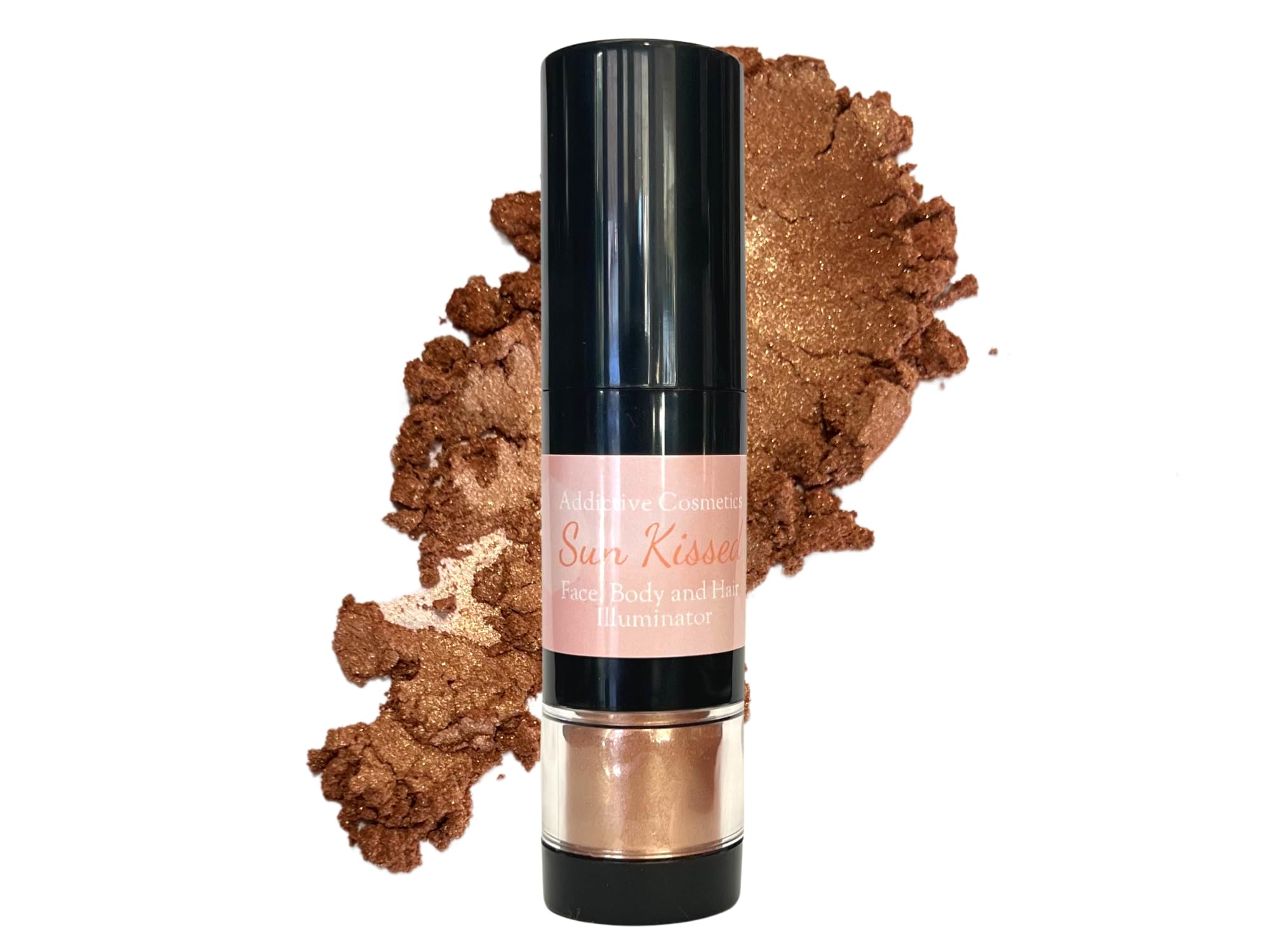 SUN KISSED Oil Free Mineral Shimmer Powder for Face, Body and Hair- Twist Up Brush- Highlighter- Illuminator and Bronzer- Brush on Shimmer Powder- Vegan, Cruelty Free