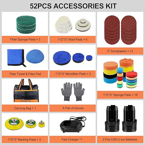 Miniatura 6 de Pulidora inalámbrica sin escobillas, 2 mini pulidores de tampón de velocidad variable (0-5000-3000 RPM), 2 baterías de 3.0Ah, almohadillas de