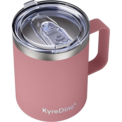 Insulated Coffee Mug with Lid, 12 oz Stainless Steel Coffee Mug, Double Wall Vacuum Coffee Travel Mug with Handle, Powder Coated Pink