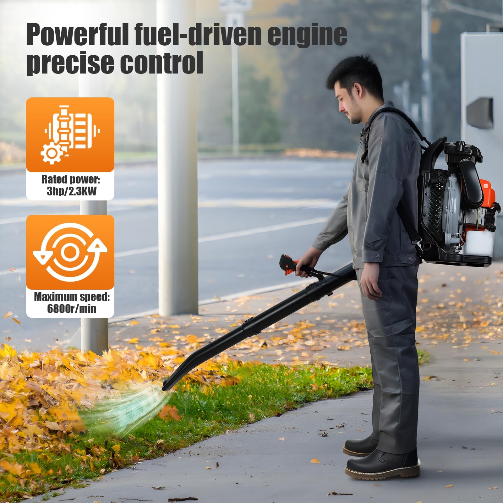 Souffleur de Feuilles Thermique Dorsal à Moteur 2 Temps de 65CC, Souffleur à Essence Haute Vitesse avec Réservoir de 1,7 L de Vent Puissant de 320 km/h pour Jardin et Cour Orange 65cc