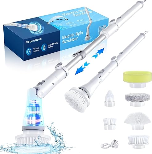 Limpiador giratorio eléctrico, cepillo de limpieza de ducha inalámbrico de 1000 RPM, 4 cabezales reemplazables, limpiador de mano de 49 pulgadas