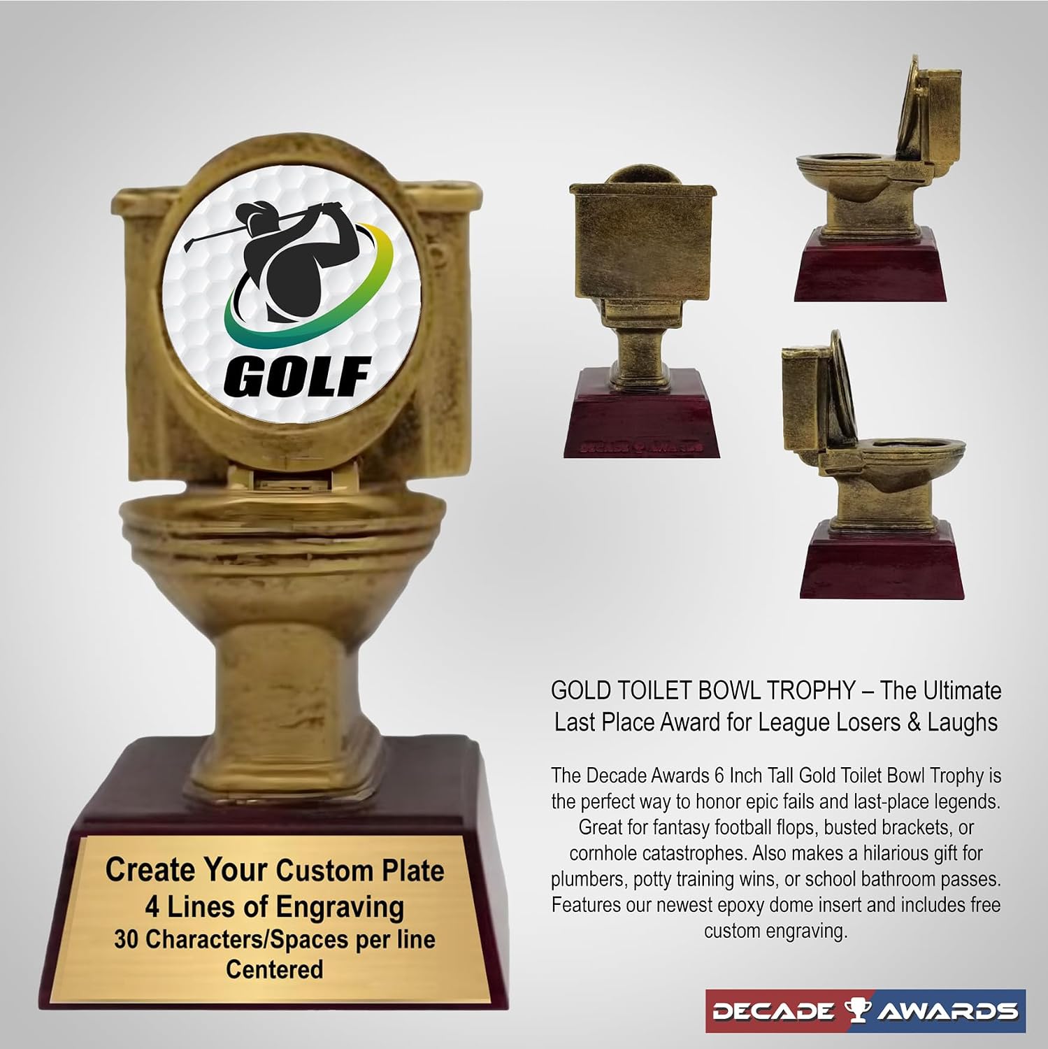 Gold Toilet Bowl Trophy - 6 Inch Tall | Engraved Toilet Award with Optional Themed Inserts - Customize Now
