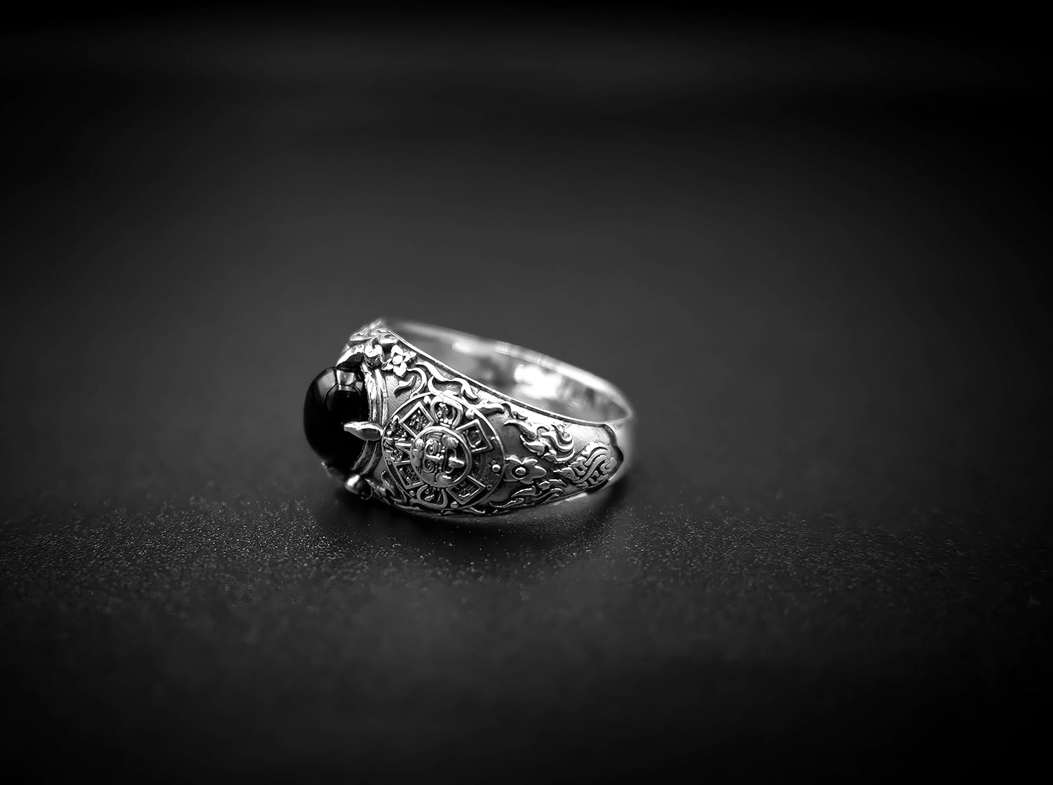 925 Sterling Silver Onyx Tribal Aztec Mayan Calendar Ring Size 6-15