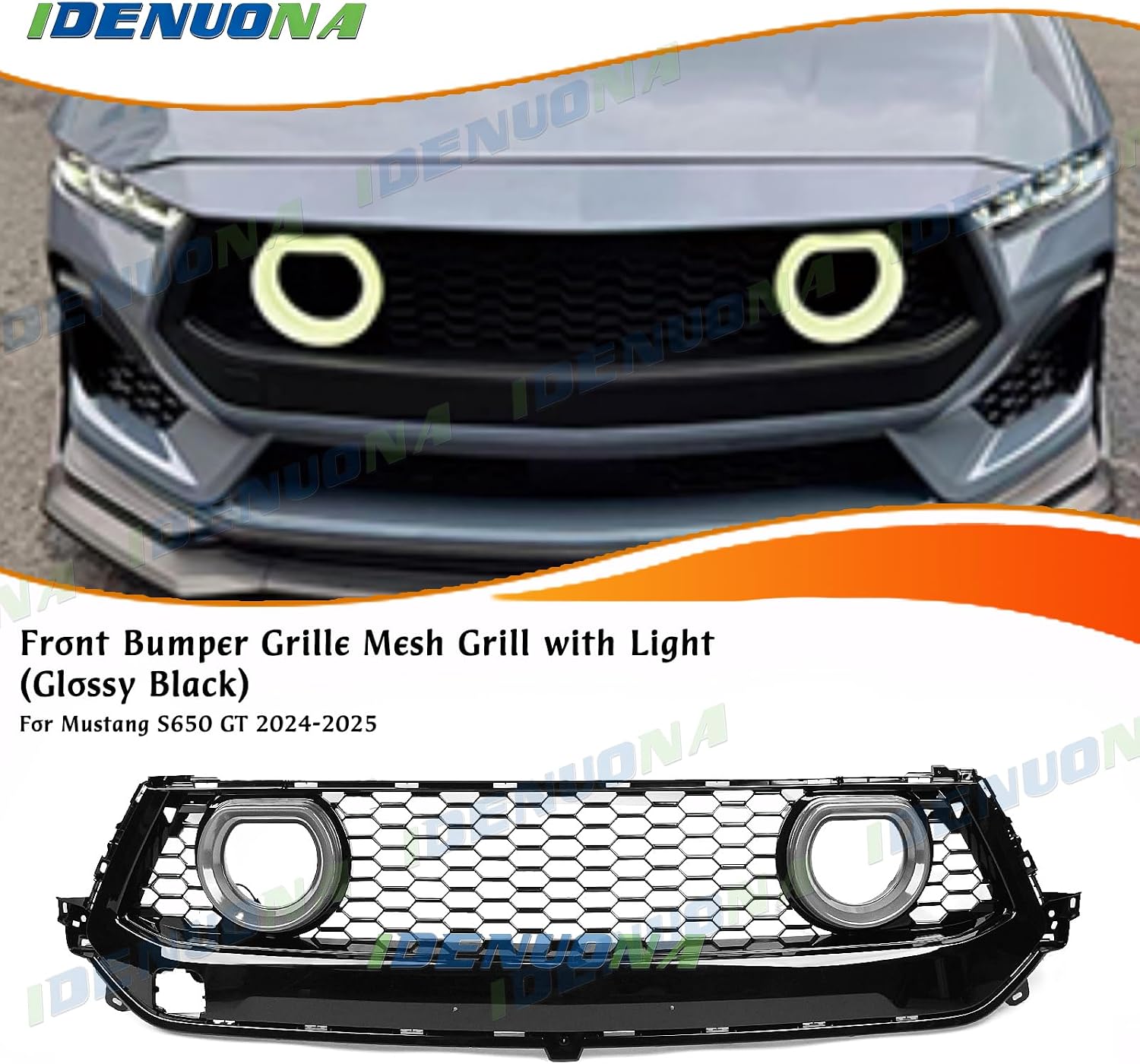 Front Bumper Grille With Light For Ford Mustang S650 GT 2024-2025 Gloss Black