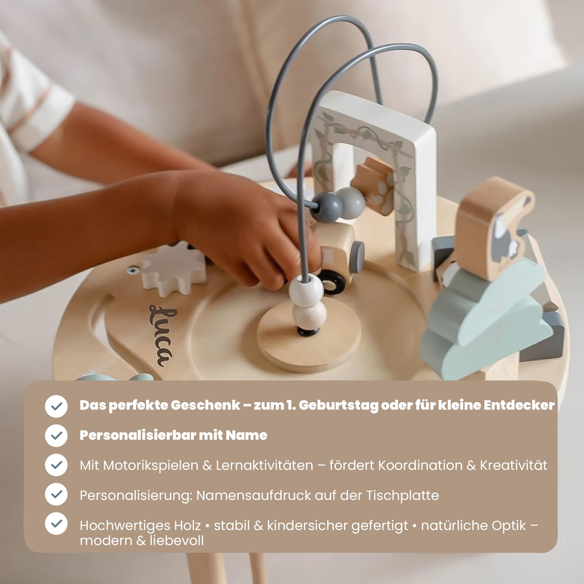 Personalisierbarer Holz-Aktivitätstisch – Motorikspiele & Lernaktivitäten – für Babys & Kleinkinder – mit Namen personalisiert - Tryco